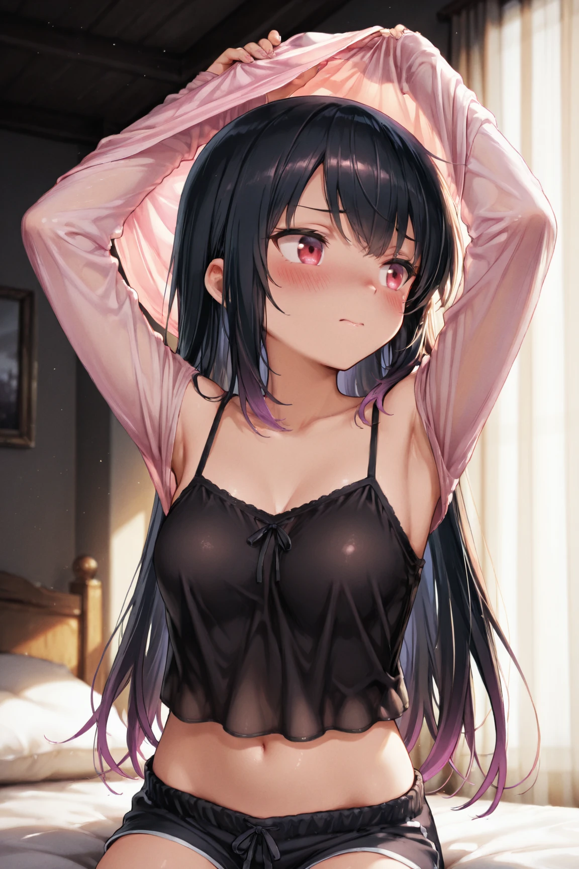 (best aesthetic,best quality,ultra high res,insanely detailed,exquisite,absolutely resolution,explicit),BREAK,(((perfect anatomy,perfect proportion,artstation female body))),BREAK,(detailed beautiful jewely catchlight gradient slant eyes),ligne claire,gleaming skin,BREAK,nsfw,horny presenting,fall into pleasure,wistful look,orgasm,BREAK,(cute erotic toddler gal,loli),prostitute,BREAK,small baby face,childish and super cute,((((blush)))),BREAK,peerless super Bishojo,peerless super beautiful girl,super Kawaii,BREAK,low body size,short stature,slender,BREAK,(((((jirai kei))))),BREAK,(black and purple ((streaked hair))),(((((double bun long twintails hair))))),BREAK,((shiny glossy metaric beautiful hair,gradient hair)),BREAK,((medium breasts)),((puffy nipples,erectile nipples,long nipples,huge areolas,bare breasts)),BREAK,(((((jirai fashion))))),(jirai fashion with black and pink:1.2),(frilled polka dot thigh high knee socks:1.4),zettai ryouiki,high heels,No panties,BREAK,love hotel,(on the bed,arms bhind back:1.4),evening,(sweet pussy,show off pussy:1.3),(dripping love juice:1.3)