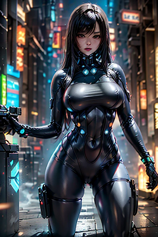 awardwinning photo, , Cyberpunk Suit, Cracked porcelain skin, A dark-haired、 gros-plan, vibrating, Photorealista, realist, Dramatic, murky, foco nítido, 8K、highcontrast、Erotic、Cool pose、teats、tits out、Sit up
