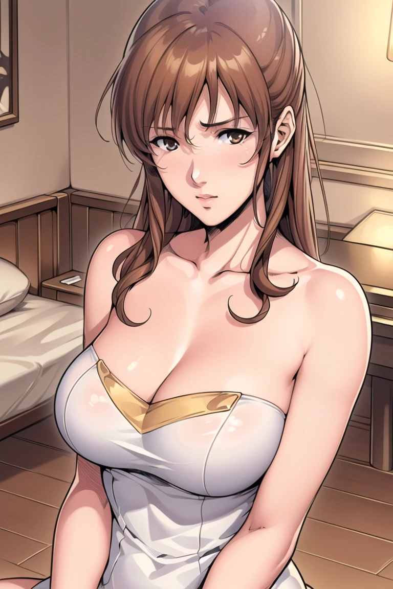 masterpiece, Highest quality, whole body, One girl, bangs,Brown Hair、From the waist up、Brown sleeveless sweater、Wearing a black jacket、20-year-old woman、Long Hair、bangsはなし、(Naked sweater,Tight virgin killer sweater:1.2),Upper body half naked, 
