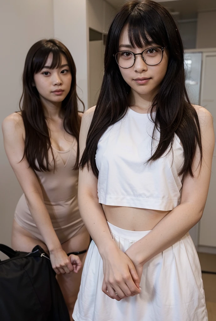 Two beautiful Japanese women together, completely naked, kneeling like domestic pets, legs spread, arms raised above their heads, small breasts, flat chest, flat chest, hemp rope Hands tied up with a collar and looking up at a man standing, tied up with a collar and led like a pet. Downward angle, closed mouth smile, staring
