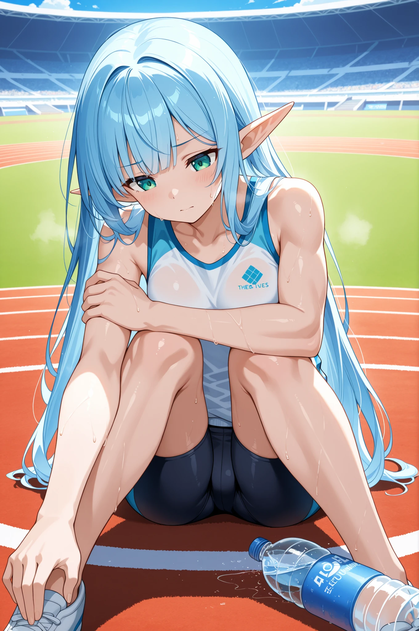A female elf sprinter with long blue hair, taking a break after intense summer training at a track stadium. She is wearing high-performance athletic wear: a tight-fitting sleeveless top and compression shorts, with running spikes. Her pointed ears peek through her hair. She is sitting on the ground, stretching her legs with sweat glistening on her skin. The hot summer sun casts strong shadows on the track. A water bottle and towel lie beside her. The scene conveys focus, fatigue, and dedication. anime style, dynamic lighting, muscular yet feminine, sports photography aesthetic, summer atmosphere, stadium background