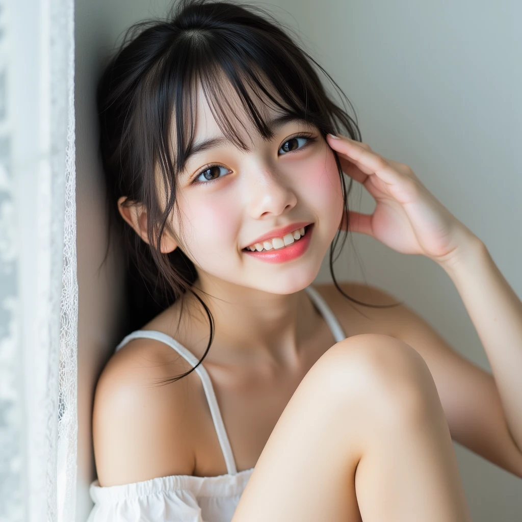 (high-definition CG unified 8K wallpapers)、(巨作)、(Top image quality)、(ultra-definition)、(Best Illustration)、(The best shadow)、(Realism:1.4)、(PureFace_v1:0.5)、Real human skin、lense flares、Sunnyday、Back lighting、many flowers、Natural sun light、Hard Focus、Deep Focus、((non-blur))、(gaze at the viewer)、Shot from a low position、Knee shot、女の子1人、(Younger than 12 years old)、独奏、Sunburned skin、Petite and thin girl、Beautiful fingers in every detail、Glossy ordinary nails、thin thigh、(Very young Japan beautiful girl)、small nostrils、A clean and healthy smile、(Smile)、Soft lips、pale cherry colored lips、(Bright eyebrows: 1.4)、shiny large black eyes、Chest flat、(flat chests: 1.4)、(medium or semi-long black hair,:1.1)、(Beautiful girl with cute loli face:1.6)、cute and big eyes、(The corners of the mouth rise:1.4)、((Raise your hand to show your beautiful armpits clearly))、Triangular sitting with open feet、facing front、lightly clothed、(1 light white camisole)、Skin shines through clothing、Clothes are soaked and see-through、lightly clothed、((light colored short spats that are thin and fairly tight:1.2))、plump round face、Sky with beautiful details、Summer coast、(smile shy:1.8)、cheeks are reddened、Eyes for hollow details、Floating hair、large eyes that are symmetrical、Protrusions、hair clips、Rat trail section、Inside the thigh、Hamstring、No face makeup、No makeup、No shoulder-to-arm clothing、Cool colored outfits for summer、