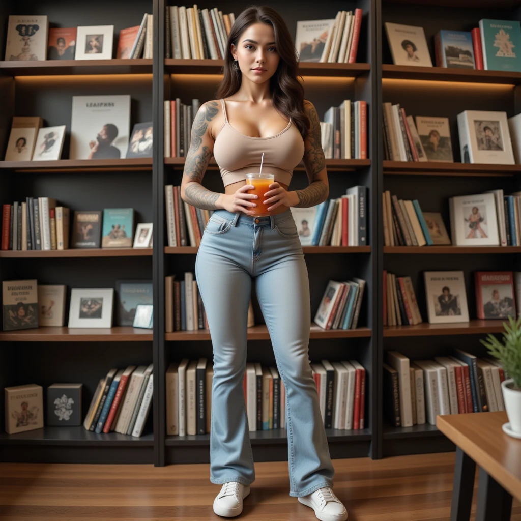 (masterpiece, best quality: 1.4), ultra-detailed, soft light, natural lighting, cinematic light, film grain, (depth of field), (1woman, ground: 1.4), (full body), mature woman, female form perfect , (perfect face, detailed face, glossy lips, eyeliner), long hair, (Black, black skin), (white shirt, jeans, cleavage), (mixtape: 1.4), (music store, records, vinyl, radio , amplifiers, speakers, headphones) , (standing),