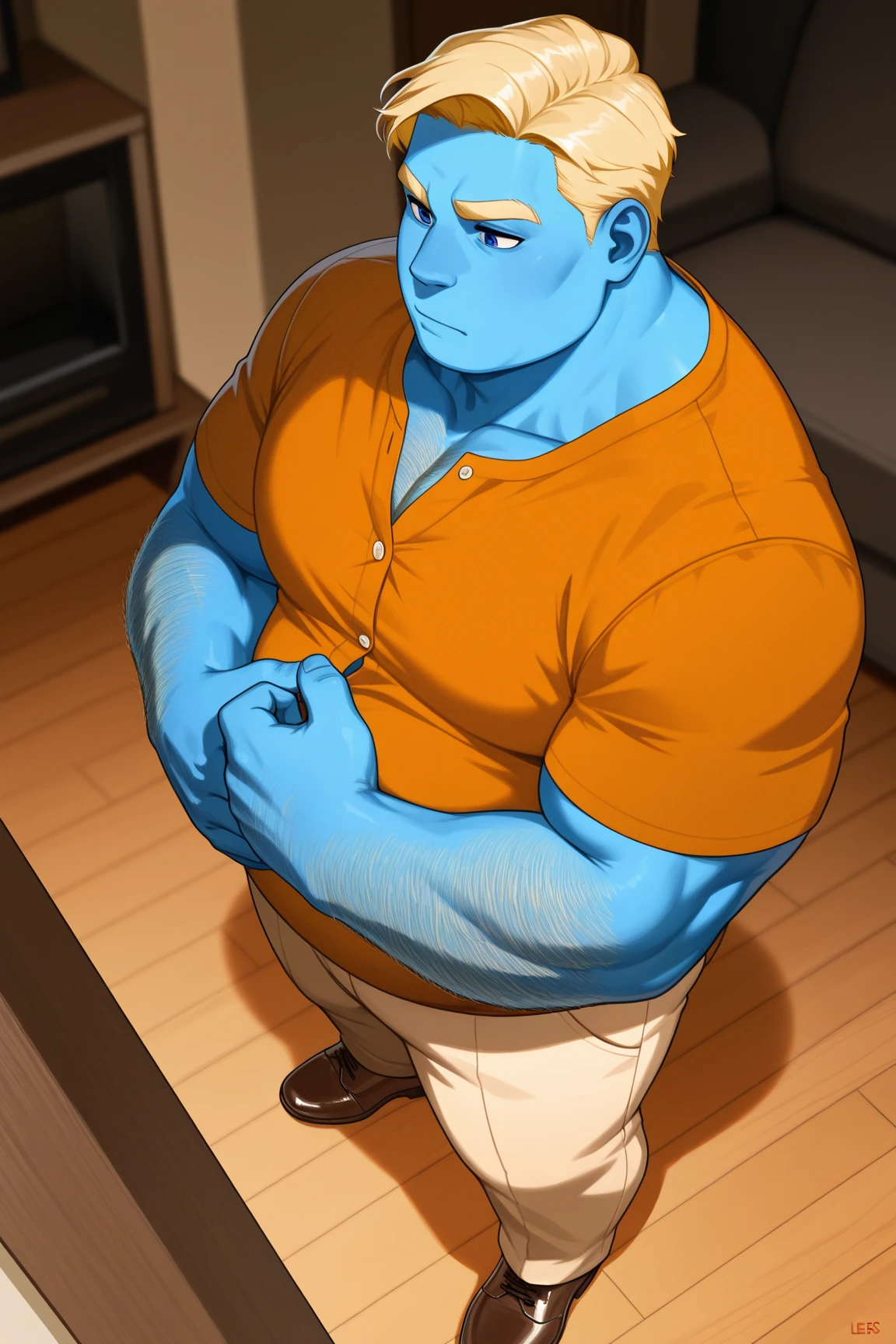 score_9, score_8_up, score_7_up, score_6_up, score_5_up, score_4_up, source_anime, solo, BarleyLightfoot, blue skin, chubby, thick thighs, facial hair, sitting on a couch, in a bedroom, black t-shirt, tight briefs, sly expression, grin, armpits
<lora:BarleyLightfootLoRA-PonyXL-05:1>