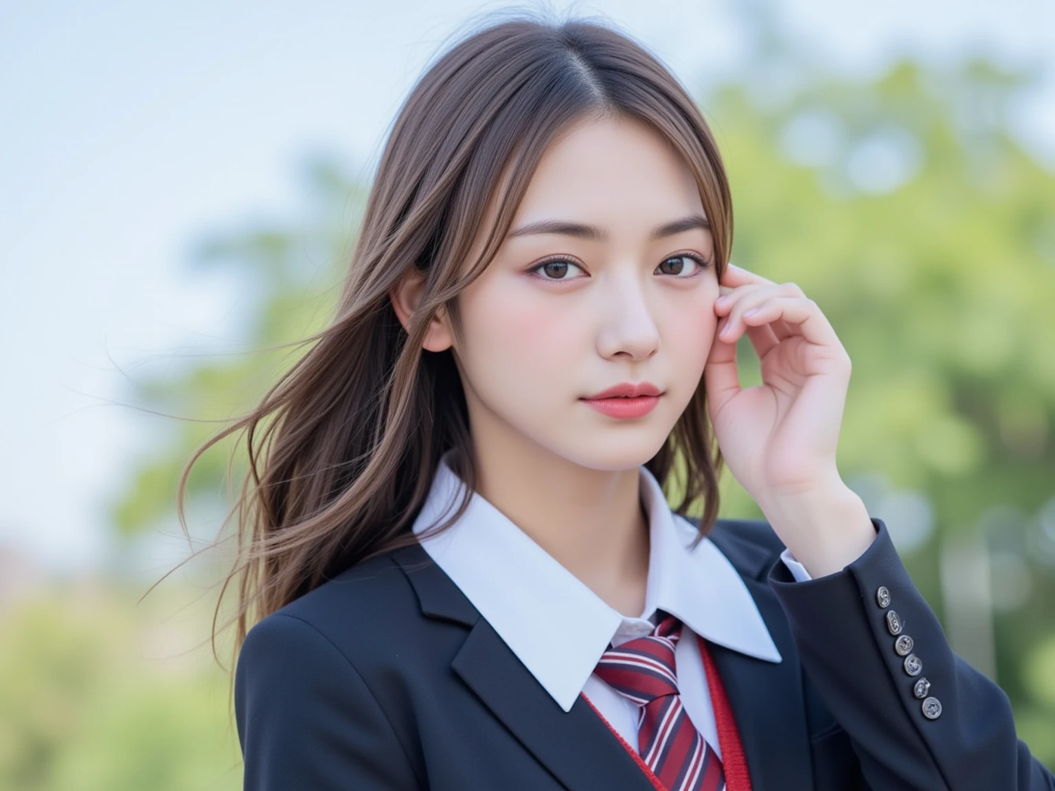 (masutepiece, Best Quality:1.2), 8K, 18year old, 85 mm, Official art, Raw foto, absurderes, White dress shirts, Pretty Face, close-up, Violaceas, gardenia, Beautiful fece, 校服, (navy pleats skirt:1.1), Cinch West, Thighs Thighs Thighs, Half-sleeved, look up at viewer, no-makeup, (Smile:0.4), Film grain, Chromatic abbreviations, Sharp Focus, Face Light, clear lighting, youthfulness, Detailed face, Bokeh background, (Dark red tie:1.1)、韓国アイドル、乃木坂アイドル、hposing Gravure Idol、Adults、porn star、cute little、