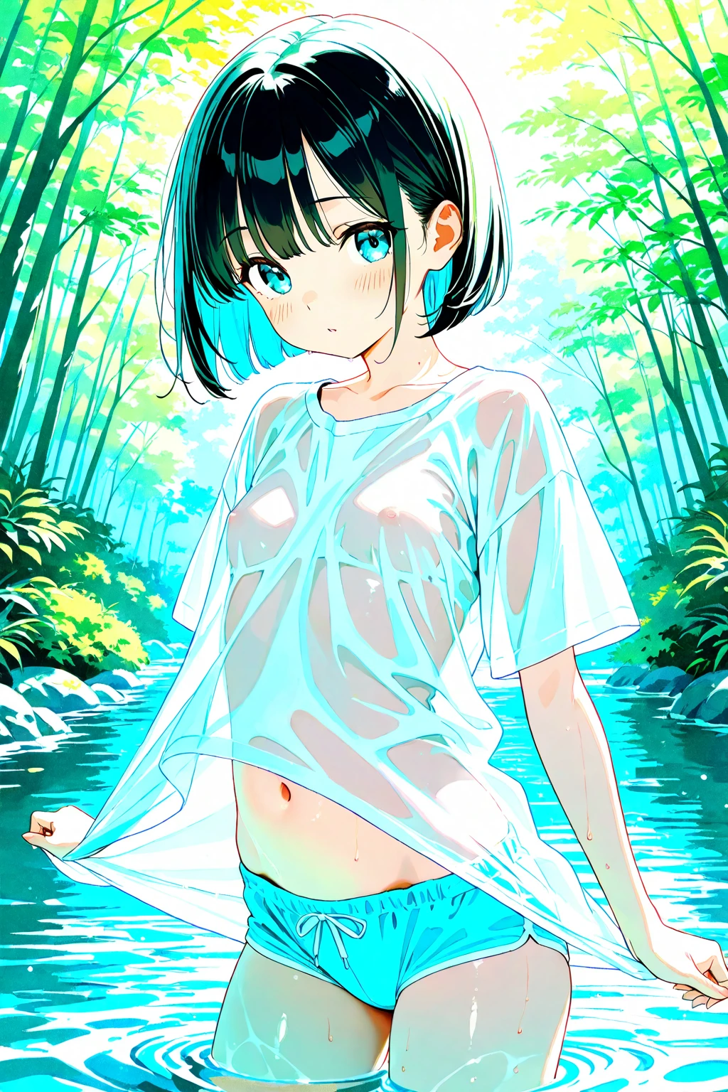 score_9, score_8_up, score_7_up, nsfw, hayase nagatoro, (1girl, solo), (black long hair, straight hair, asymmetrical bangs), (hairclip, earclip), brown eyes, (evil smile:1.1), (camisole, polka dot, (open chest, off shoulder), bare breasts, small breasts, (tanlines, swimsuit tan), pink nipples), (shorts, short skirt), (outdoors, nature, summer vacation), (pond, swamp, water, wading, aquatic plants, lotus leaves), dappled sunlight