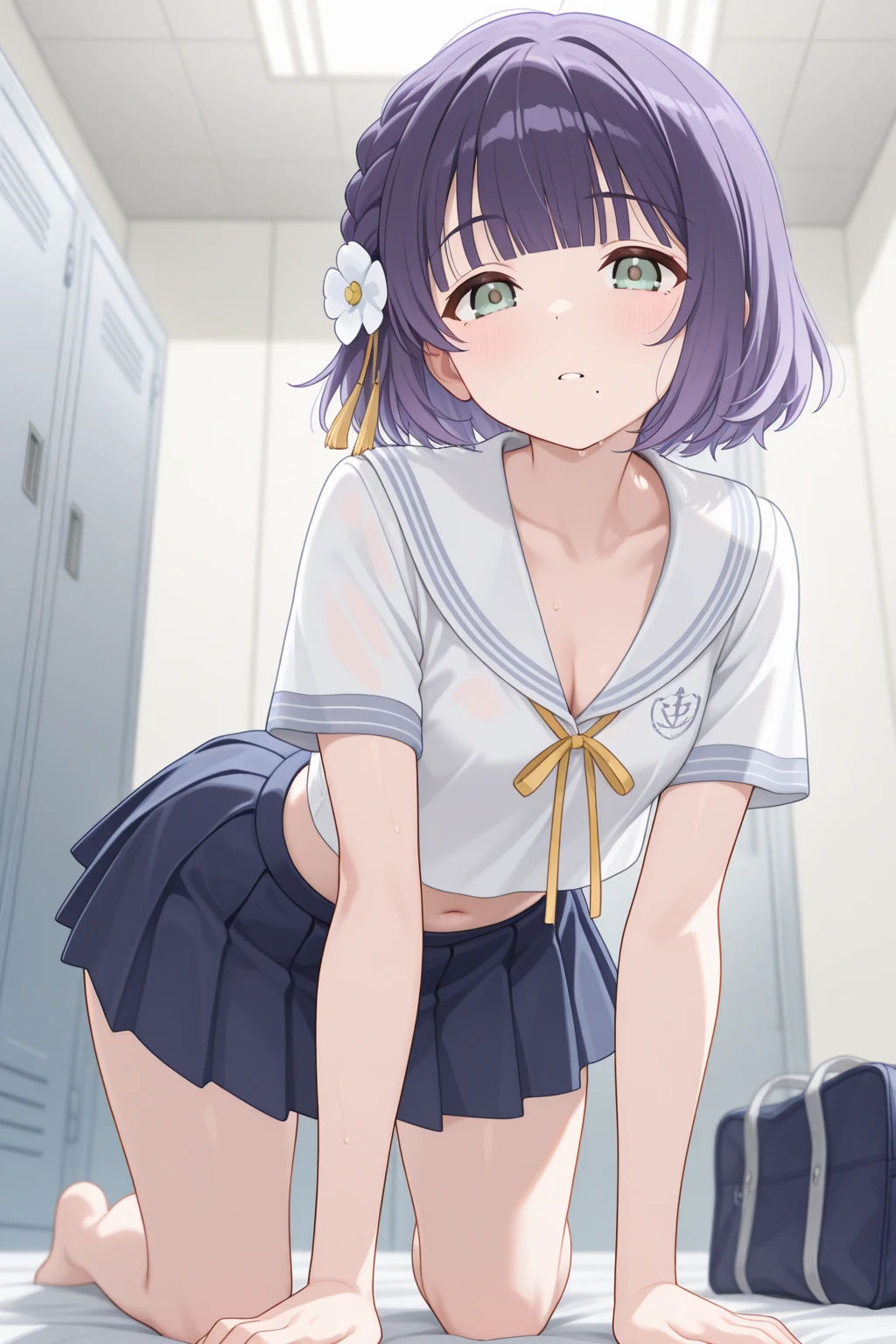 8k,Highest,quality,(highest quality:1.1), (masterpiece:1.4), (Confused:1.0),
1 person, Deviluke Type, hair ornaments, Bobcut, Short Hair Pink Hair, Purple eyes, Center of chest,((School Swimsuit)), Her Room, (blush:1.2), smile,(Perfect Fingers),Squat,Spread your legs ,ass pov,Heavy breathing,mesugaki,masterbation,pussy line,