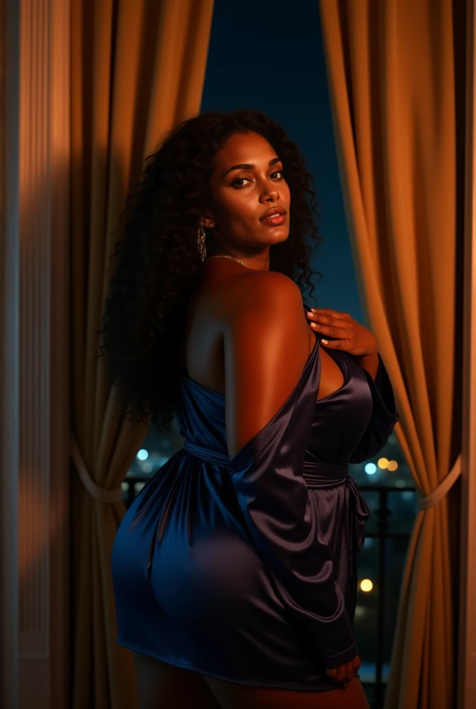 portrait of araffe woman in a rooftop bar in NYC, with luxurious and rich apparel, photorealistic perfect body, voluptuous body, realistic shaded perfect body, giant stunning goddess shot, beautiful goddess, hyperrealistic full figure, thick body, curvy body, beautiful curves, curvy model, long curvy black hair, brown hair and a perfect body, perfect body, nsfw huge breasts; natural and even low light lighting, large depth of field, f/16 depth of field