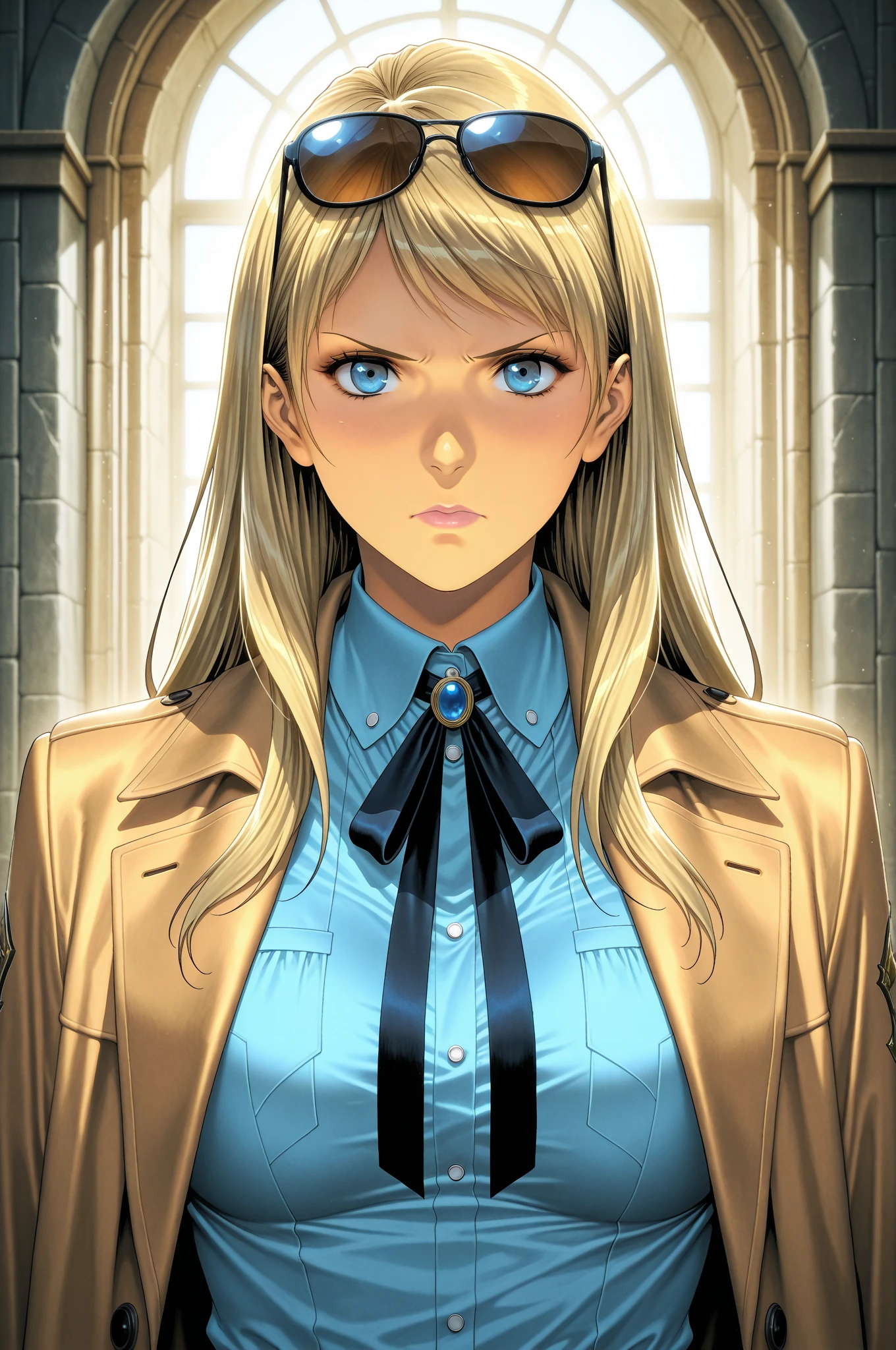 best quality, highest quality, masterpiece, ultra-detailed, hyper-detailed, award-winning, photorealistic background, cinematic lighting, trending on artstation, 8K wallpaper, extremely detailed, intricate, illustration, close-up portrait, powerdef, sharp teeth, cross-shaped pupils, blue jacket, long sleeves, white shirt, black necktie, torn jeans, Air Jordan 1 shoes, Power from Chainsaw man, blonde hair, open clothes, thick thighs, perfect face, very deep eyes, detailed eyes, sidelight, high-resolution, intricate details, detailed fingers, beautiful face, Chainsaw man, full-body, wiew from above, mature female, eyeshadow, mascara, hourglass figure,