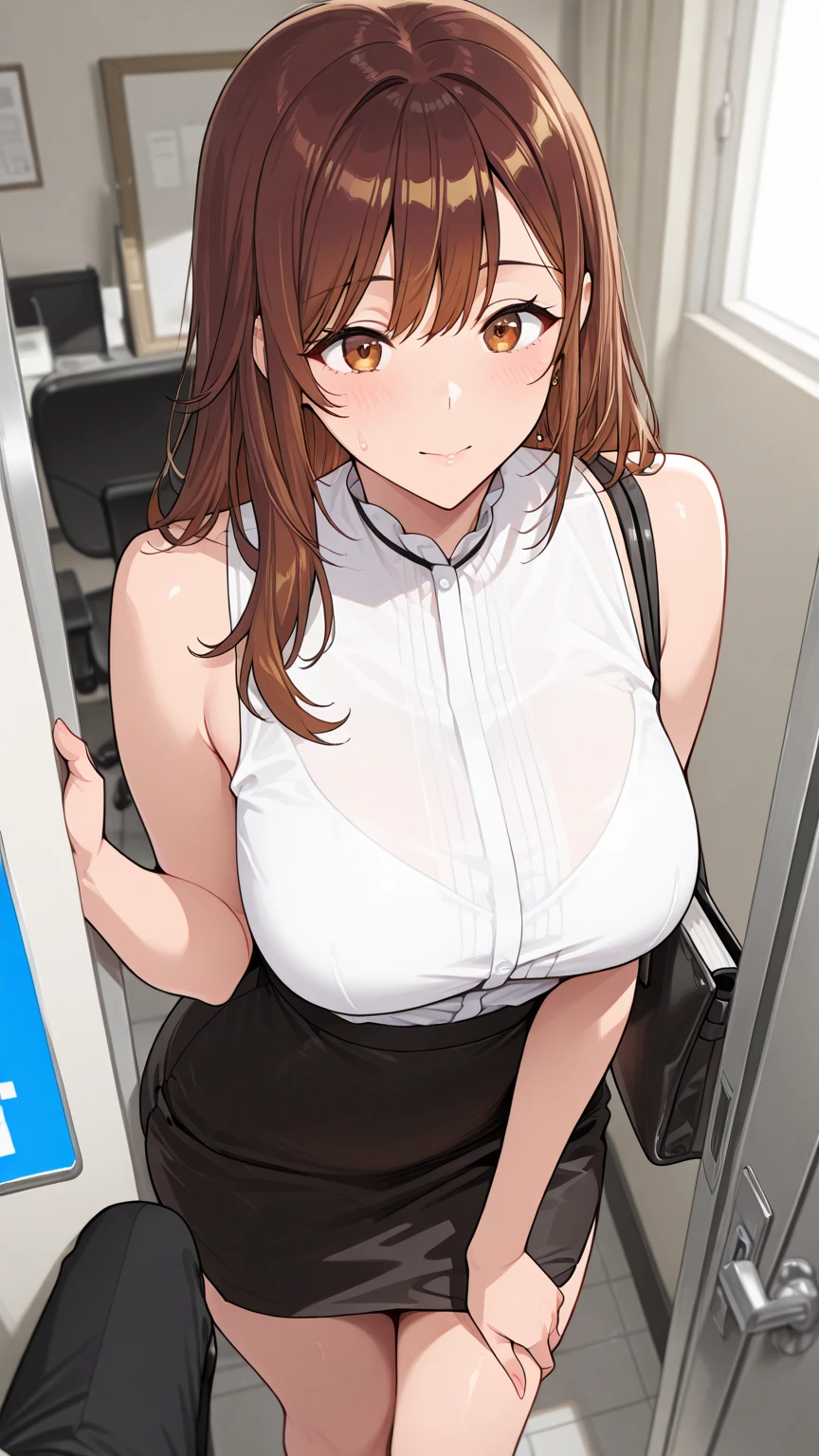 masterpiece, absurdres, best quality, ultra detailed, high Resolution, detailed illustration, bright colour, (extremely beautiful detailed face and eyes, Delicate beautiful face, 1 girl, cute face:1.3), (magenta eyes:1.1), sparkling eyes, big eyes, medium breasts, (perky breasts:1.1), (pointy breasts:1.1), medium hips, glamorous body, white skin, BREAK, long bob cut, (blonde hair:0.8), messy hair, detailed hair, shiny hair, BREAK (Polo shirt, down blouse, skinny middle skirt:1.3), perfect lighting, (embarrassed:1.3), (ecstasy, vulgarity:1.5), (trembling:0.8), Golf course, Playing golf, Golf club,