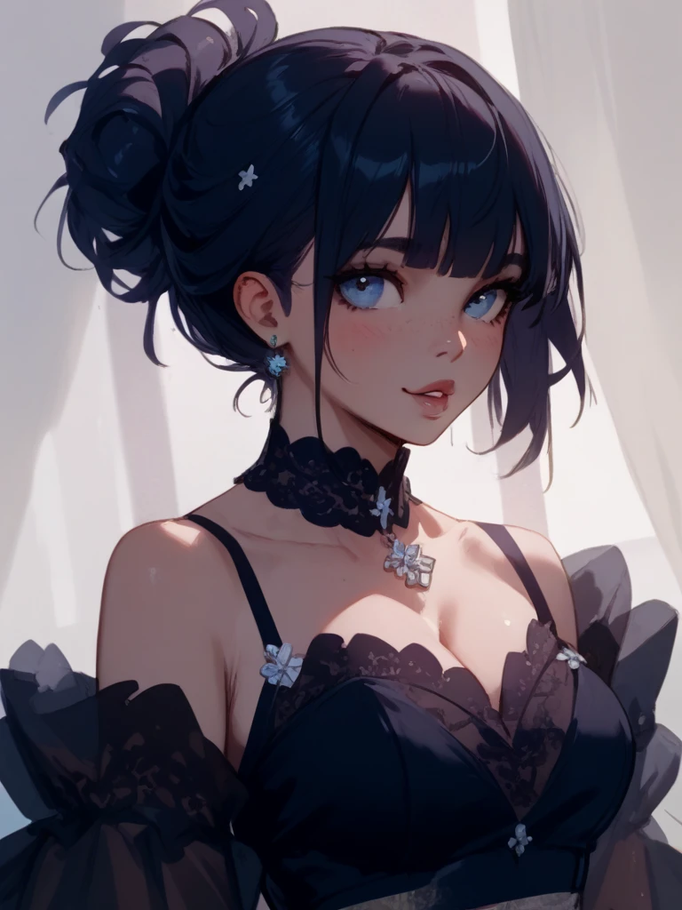 (((beautiful))), (((micro mini dress))), ((Black Hair, ponytail)), One Woman, Large Breasts,, Cleavage, Sweat, Glowing Skin, (((Intricate details))), High resolution, ((Intricate details, Ultra-detailed)), whole body, Are standing, looking at the camera, Red cheeks, smile, smile, Walking the Streets