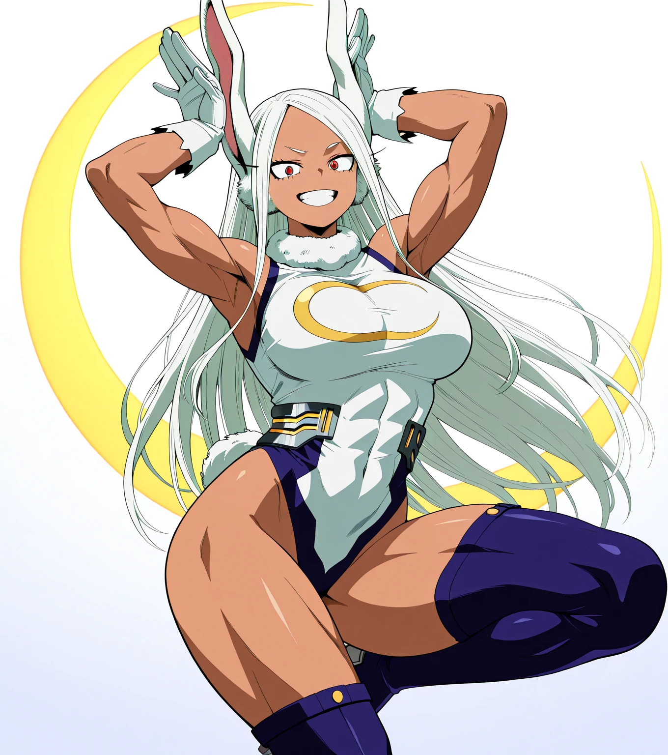 [Miruko; Boku no hiro academia], [Uploaded to rule34.xxx; (shosho_oekaki), (shoganight), (kingmaster)], ((masterpiece)), ((solo portrait)), ((HD)), ((anime)), ((detailed  soft shading)), ((beautiful render art)), ((cinematic lighting)), {Miruko; (dark skin), maroon eyes, long white hair, long white bunny ears, small fluffy white bunny tail, large boobs), (gorgeous wide hips), (muscular legs), (thick thighs), (muscular calves), (defined arm muscles), (smug smirk), (white teeth)}, {hero costume), (fluffy collar), (purple thigh-highs), white bracers}, {(dynamic pose), (squatting), (arms above head), (on top of skyscraper), (looking at viewer)}, [Background; (starry sky), (full moon), (skyscrapers)]