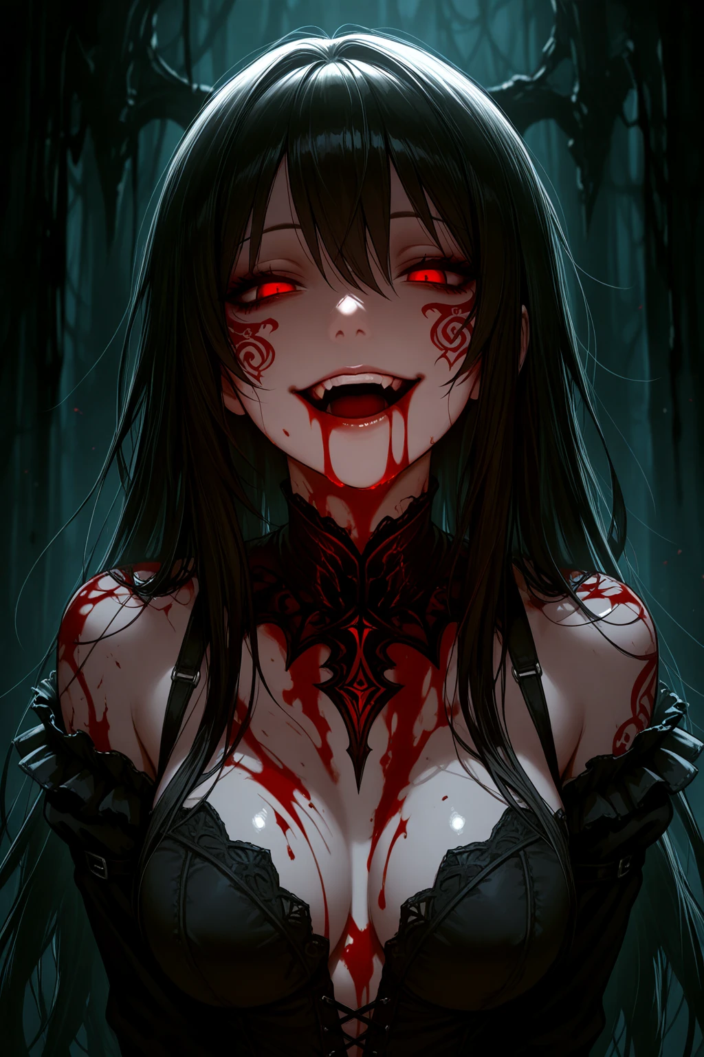 (Thriller Theme,Bloody and violent themes:1.3),(Dirty mollusk tentacles,radicalism:1.4), Good details, (Glowing background), Highest quality, Wide-angle Super Detail, masterpiece, 8k, Natural light, Soft lighting, sunlight, High resolution (High Dynamic Range), Maximum clarity and sharpness, Multilayer Texture, Looking at the audience,Close to the audience,night,(8k, RAW Photos, Highest quality, masterpiece:1.2),(Realistic, photo-Realistic),Photo Background,Face-only photo,Draw only the face,Look up,Face shot,Scythe Face,Detailed portrait, Delicate facial features, Sharp Eye, Sharp Fangs, Pale skin, Thick chain, Dark Background, Dramatic Shadows, Gothic style, Gloomy atmosphere, Mouth very wide open,,(Blood splatter:1.6), Mouth open, Very wide lips,Bare your teeth,Sharp teeth like a beast, very wide mouth, Vermilion cheeks, ,(Blood splatter:1.6),laugh at, Laughter, Crazy Smile、Bloodstained、bleeding from the head,,、Blood splatter、,(Blood splatter:1.6),Crossbones, skull,Dirty, (Faith of the Dead,A totally malicious cult,Human sacrifice ritual,Ominous black and bloody fog,Creepy crazy smile:1.4),(severe bleeding, self-injurious behavior:1.4) 1 girl,Upper Body,Perfectly detailed eyes and face,Frowning,Red eyes,Gray Hair,skullと骨をテーマにしたコスチューム,Black gothic dress with beautiful details,Tears of Blood, (skullと骨だけで建てられたカルト寺院,,(Blood splatter:1.6),Skeleton Beam,Altar of Bone:1.4), (Glowing Eyes,Disheveled long hair,:1.5), Lens flare,Light leakage,