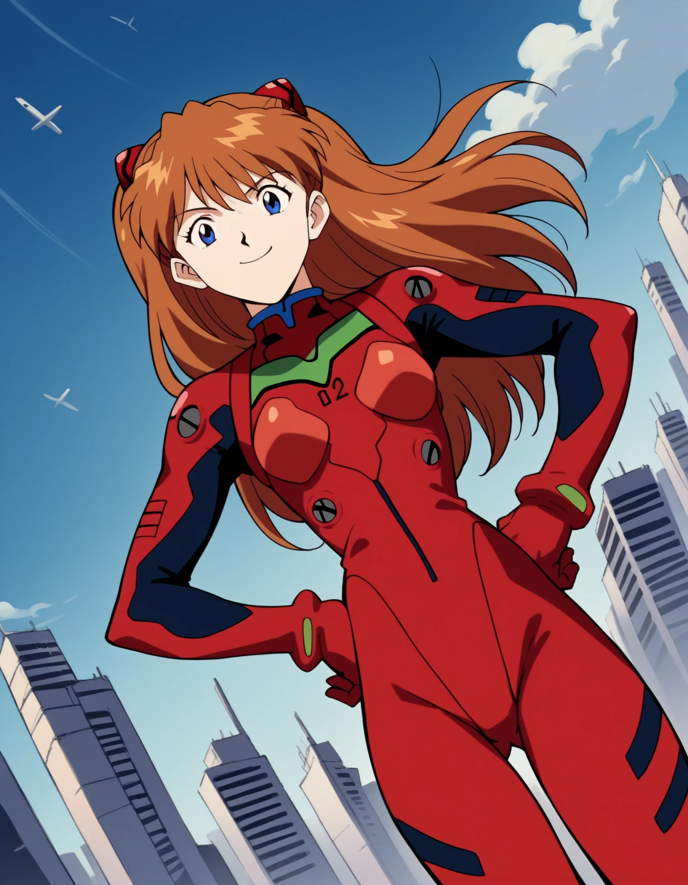 score_9, score_8_up, score_7_up, source_anime,
asukalangley, <lora:asuka-langley-soryu-rebuild-ponyxl-lora-nochekaiser:1>,
asuka langley soryu, long hair, bangs, blue eyes, brown hair, hair ornament,
bodysuit, pilot suit, plugsuit, red bodysuit, interface headset,
outdoors, cityscape, smile,
looking at viewer, dutch angle, cowboy shot,