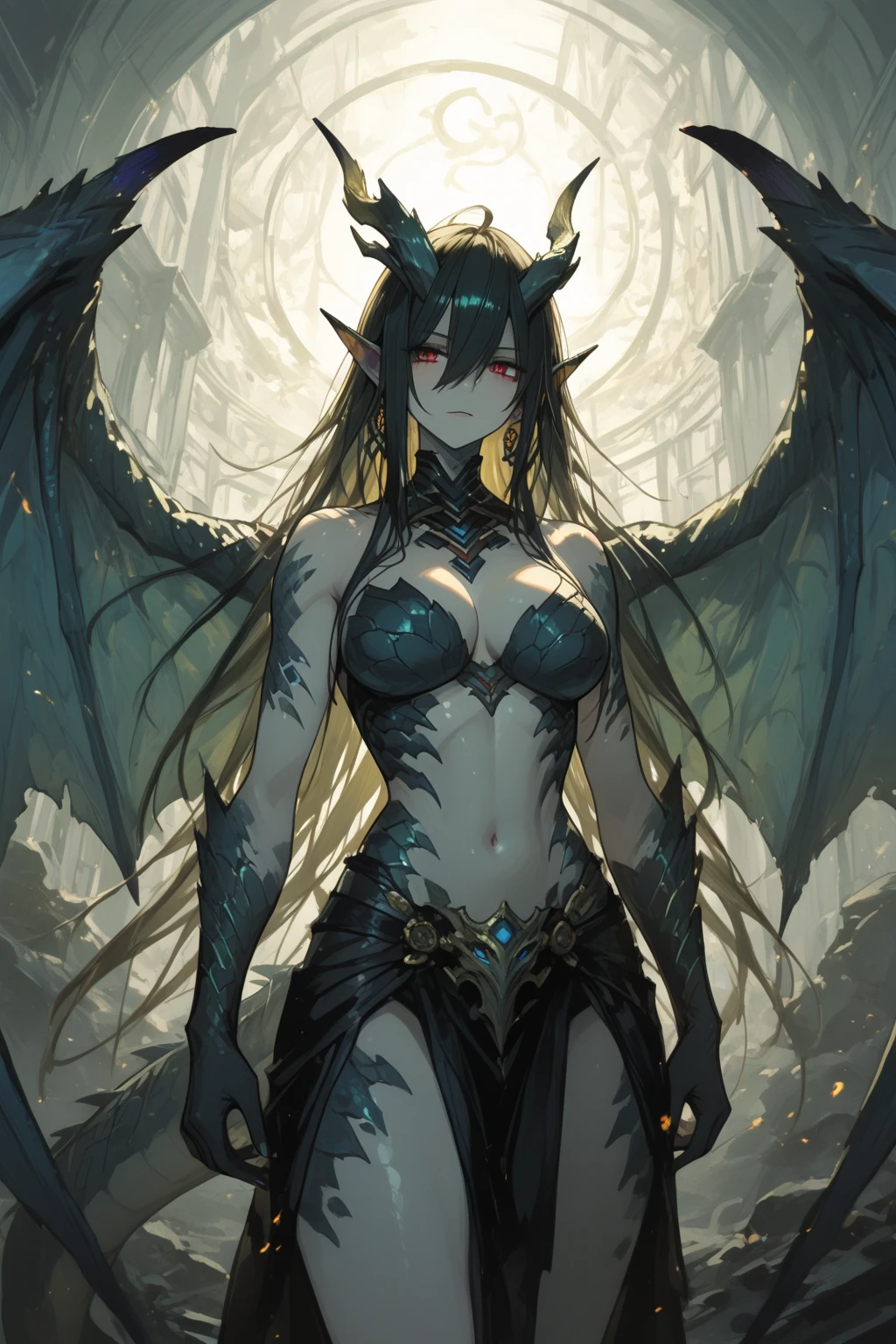 long black hair，goddess，cleavage，Abdominal muscles，black dragon corner,The body has black dragon scales,white dragon wings，black dragon tail，Bare waist，thigh,thong,thunder clouds