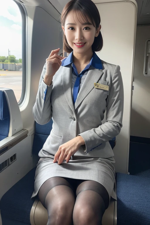 Stiletto heels,blonde medium hair,Heavy makeup,Red lip,White skin,mature,being thin,full bodyesbian,medium breasts,Long legs,You can see the whole body,Ultra-thin flesh-colored pantyhose,in airplane,sitting on seat,The legs are long,In the daytime,and the sun was shining brightly,ANA UNIFORM