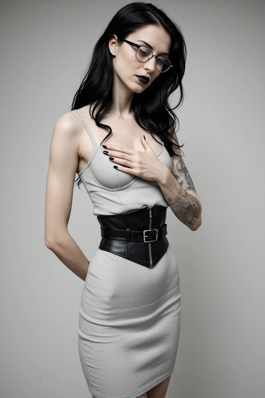 Goth female in a corset and black jeans peeing herself a lot
