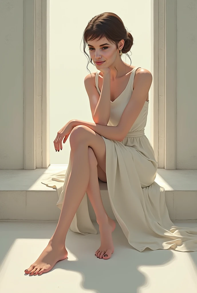 Woman sitting on a white chair in a white room, wearing white silk, silk dress, digital art of an elegant, White minimalist wall,bathroom,toilet,light and shadow,Soft light,mingliang,The background is natural light,Young asian woman,Put your feet on the ground