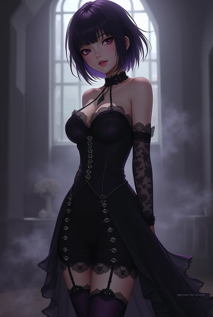 a beautiful girl with violet hair wearing a black dress, extremely detailed facial features, bob haircut, woman wearing a long black and red coat, solo character, white background, anime style, very detailed, photorealistic, 8k, best quality, masterpiece, red eyes, short hair
