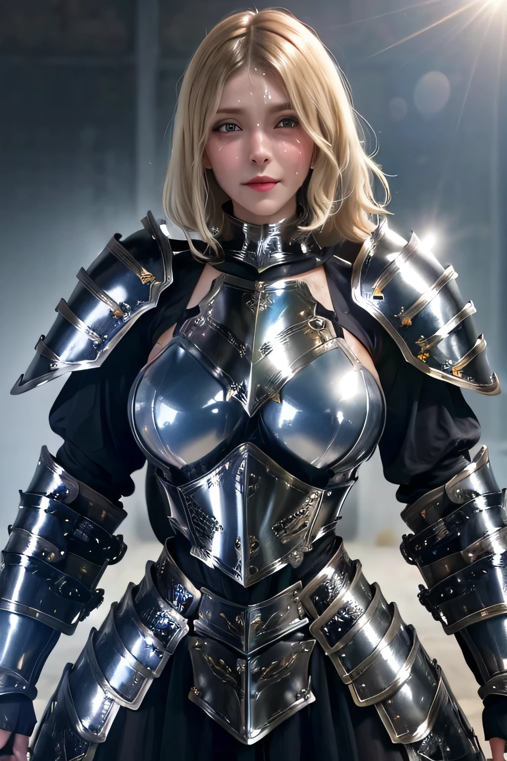(masterpiece), (extremely complex:1.3), (Practical), Portrait of a muscular toned girl, (((medieval armor:1.6 (Black lacquered chrome filigree breastplate, Perfect Chain Mail), wind blows [Blonde hair:Black Hair:0.6], [flat chest:Large Breasts:0.3]), From below), Tattoo:1.0), metal reflection, whole body, outdoor, Strong sunlight, Distant Castle, Professional photo of stunning woman detailed, ((Short undercut shaved hair, Dynamic poses)), Sharp focus, dramatic, The award-winning, Movie Lighting, Volume measurement dtx, (Film Grain, Blurred background, Blurred foreground, Bokeh, Depth of Field, Sunset, Interaction), 8k，（Fishnet stockings），whole body照，whole body像，Thin waist and thick hips、