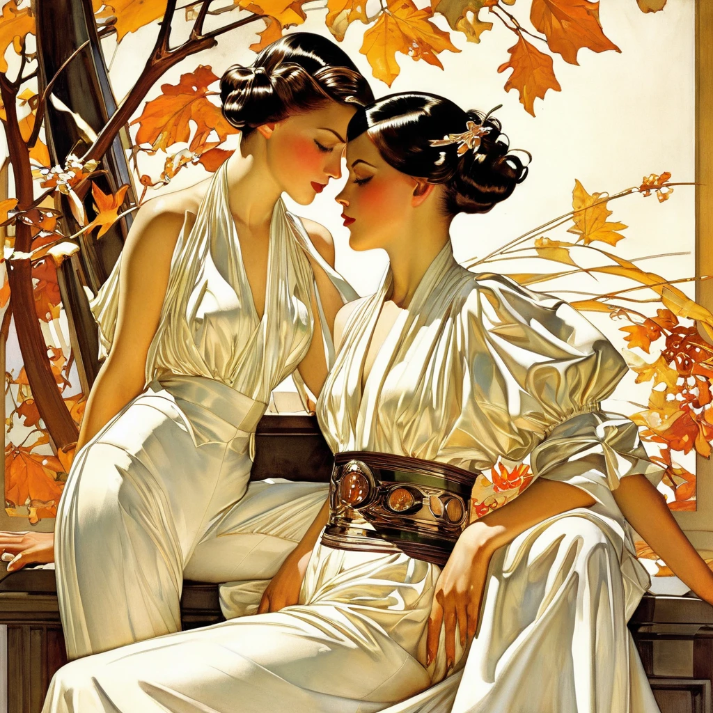 (complex, two subjects)(Marilyn Monroe (age 25) and Lucy Liu (age 25) sheer night gown open, no underwear) playfully posing on the couch. they warm and inviting. Oil painting
