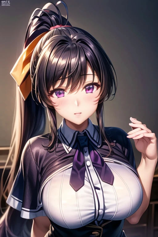 (masterpiece:1.2), best quality, high resolution, unity 8k wallpaper, (illustration:0.8), (beautiful detailed face:1.2, beautiful detailed eyes:1.2), perfect lighting, extremely detailed CG, (perfect hands, perfect anatomy),
Cute, beautiful, charming lady, shiny hair, lustrous skin, beautiful light big eyes,
milf, married woman, soft With a gentle appearance and a gentle mother-like atmosphere,
akeno_a, black hair, long hair, very long hair, ponytail, hair ribbon, ribbon, purple eyes, large breasts,capelet, neck ribbon, black ribbon, shirt, long sleeves, black corset, red skirt,