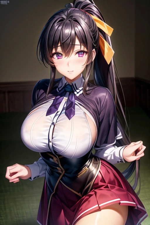 (masterpiece:1.2), best quality, high resolution, unity 8k wallpaper, (illustration:0.8), (beautiful detailed face:1.2, beautiful detailed eyes:1.2), perfect lighting, extremely detailed CG, (perfect hands, perfect anatomy), 

Cute, beautiful, charming lady, shiny hair, lustrous skin, beautiful light big eyes, 
milf, married woman, soft With a gentle appearance and a gentle mother-like atmosphere,

akeno_a, black hair, long hair, very long hair, ponytail, hair ribbon, ribbon, purple eyes, large breasts,capelet, neck ribbon, black ribbon, shirt, long sleeves, black corset, red skirt,