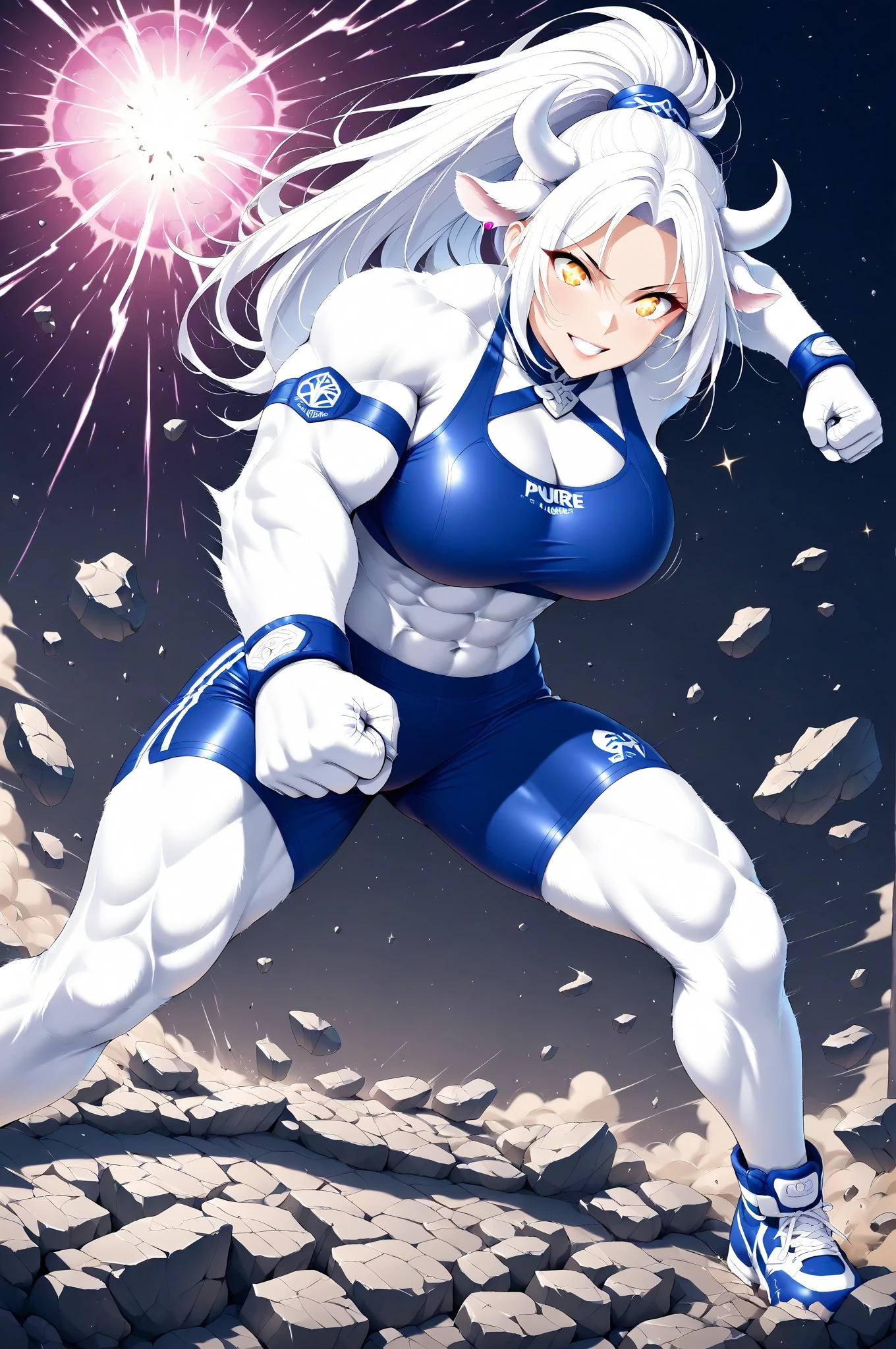 -artwork- -4k- -high quality- a completely white entity, bright white hair, light blue eyes, no human features, sexy female body, big breasts, big butt, big waist, red horns, dressed in sportswear, sweatpants, running at the speed of light, displaying lightning bolts, with a serious expression