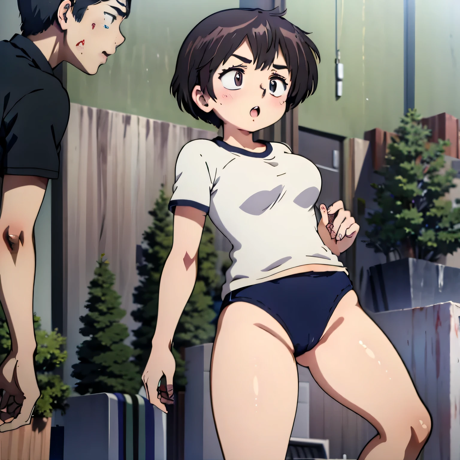 (masterpiece, highest quality), 
1girl wearing a black gymnastics bloomers,high leg,self wedgie, white blouse,Victorian blouse, multiple boys, zombie, scared, :o, motion blur, fighting stance, perspective, holding baseball bat, torn clothes, blood, horror \(theme\), attack, hitting, blood splatter, torn blouse, torn shorts, rotting, old,, masterpiece, best quality, highly detailed
