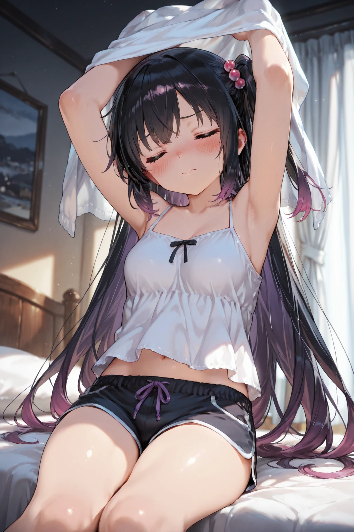 girl with long black hair, wearing earrings and a choker, with a slightly revealing chest, violet eyes, slightly hooded eyes, glossy and watery eyes,Sweat,全身にSweatをかいている,額からSweatがにじんでいる,胸にSweatが垂れている.Mouth open,tongue,tongueを出している,Drooling,口を開けてtongueを出す,(Put one hand in your panties:1.8), Fingering, (Pussy juice:1), (Perfect hands, Perfect Anatomy, Exact number of hands) My crotch is steamy 、Sweatをかいた体、Having your groin touched、sexual excitement、Obscene sound effects、Cramp、Acme、orgasm、Love Juice、Watery eye,((Ahegao)), Bedroom,bed,bedに横たわっている,