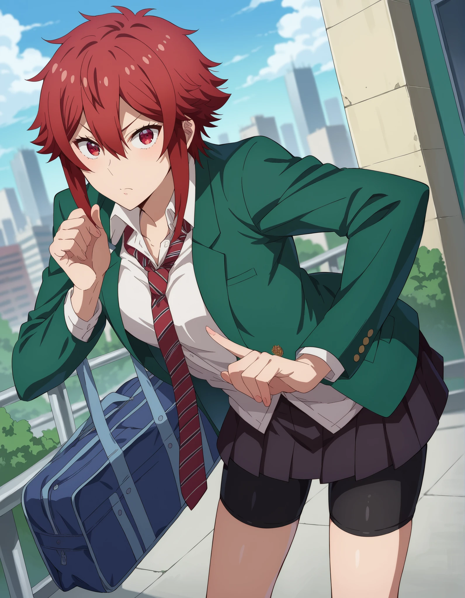 score_9, score_8_up, score_7_up, source_anime,
tomoaizawa,
tomo aizawa, short hair, red eyes, hair between eyes, red hair,
skirt, shirt, school uniform, jacket, white shirt, pleated skirt, necktie, striped, black skirt, blazer, red necktie, school bag, green jacket, striped necktie, green blazer, bike shorts,
outdoors, cityscape, bent over,
looking at viewer, dutch angle, cowboy shot,