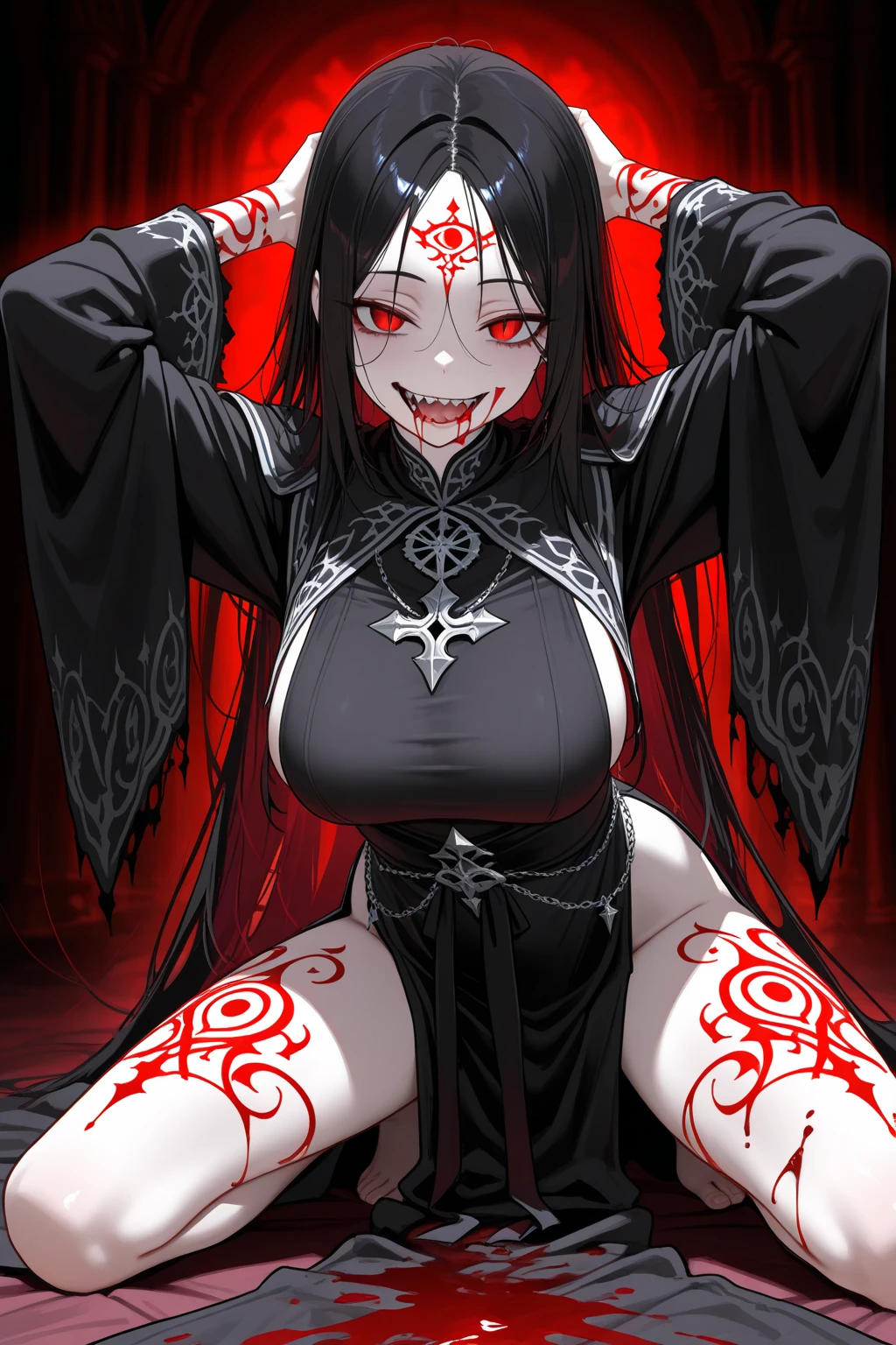 The image depicts a character, a sinister anime character with a cunning yet created aura. She is bloody, holding a knife and feeling deranged, resulting in anxiety and fear. The sight of ten at the same time is sexually exciting. Figure ragged but modern clothes in arcade, casual and street style. despite its dark nature, there is hidden beauty.