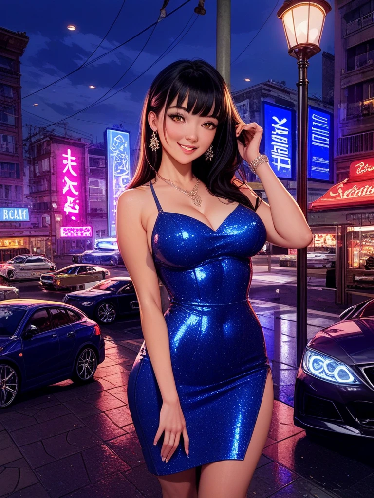 A beautiful Japanese girl with a very large bust、Silver long hair、Small face、Bust I Cup、tall、Red and silver bodycon mini dress、Bag Panties、Sitting at the start of the bustling nightlife district、Two friendly beauties