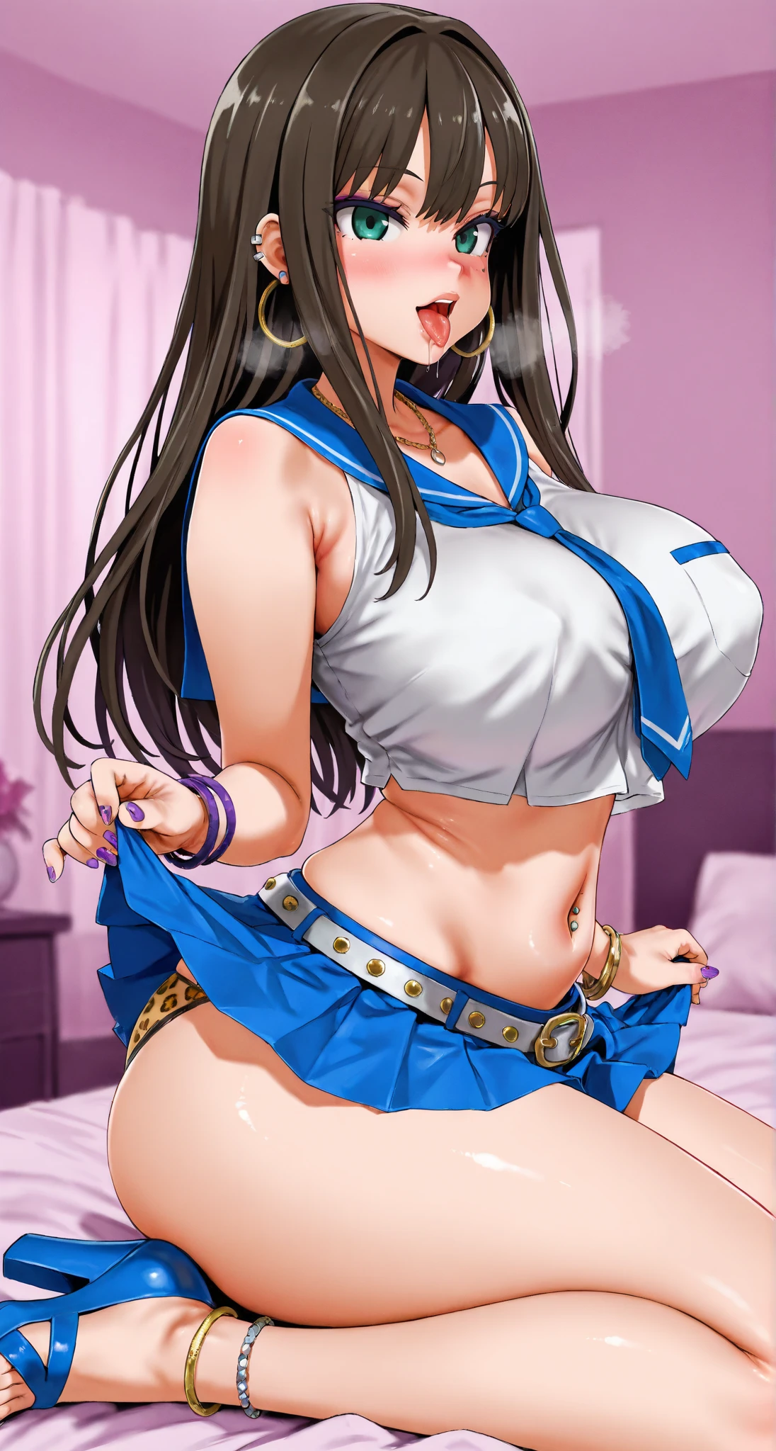 score_9, score_8_up, score_7_up, kiryuuin satsuki, 1girl, solo, black hair, makeup, cyan eyeshadow, cyan lips, jewelry, earrings, hair ornament, long sleeves, junketsu, epaulettes, sailor collar, bikini, cleavage, areola slip, covered nipple, midriff, choker, groves, wrist cuff, navel piercing, miniskirt, piercing, sparkle, cowboy shot, open shirt, pleated skirt, standing, gyaru, chain belt, tie, thigh high boots, skindentation, cameltoe, eyeshadow, parted lips, handbag, katana, whore, slut, prostitute