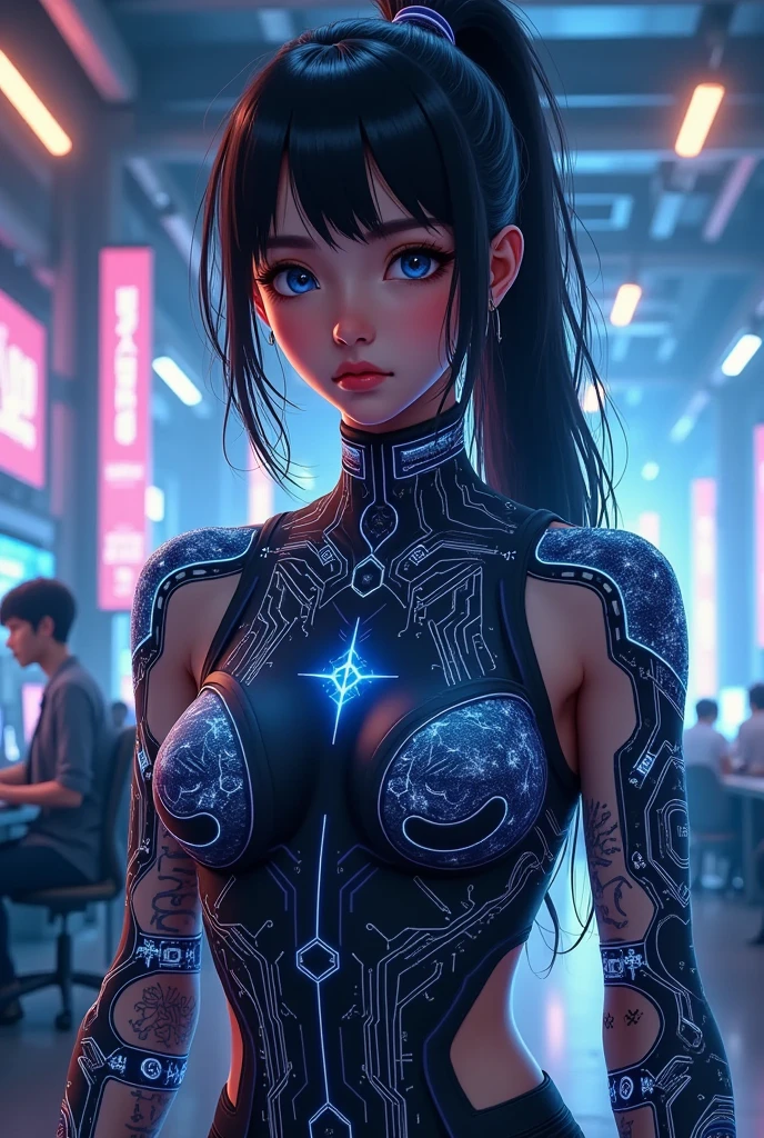 Foto hiperrealista de Dua Lipa (rosto do ano de 2024) em close, Create dystopian masterpieces, cena do filme Blade Runner, toda a figura vestida no estilo Blade Runner, wine dress with ninja accessories, under a tree on a cyberpunk street in light rain, Mulher bonita, magra magra, medium breasts, cabelo preto longo e solto, rosto detalhado, sorriso, facing the camera, photo taken from a distance.