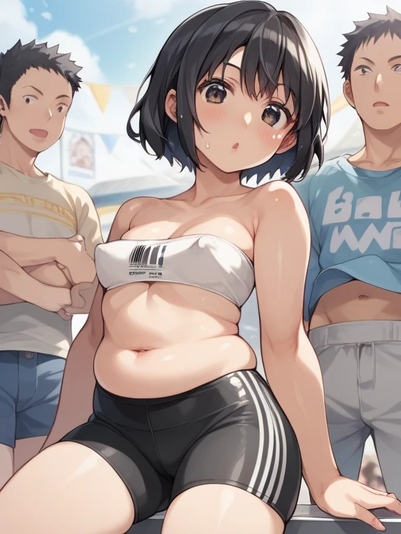 NSFW,(highest quality:1.2),(perfect beautiful face:1.2),(perfect and beautiful posture:1.2),(cowboy shot,black hair boy:1.5),(short cut hair,flat chest:1.4), ((confused,embarrassed:1.3)), shyness:1.1, (Sweaty, sunburned skin:1.3), ((sweaty wet yellow and blue sports bikini)), close-up of armpit, mouth open a little,(puffy nipples:0.5),navel out,outside,(night city,in the macho's crowds:1.4,hands on back)