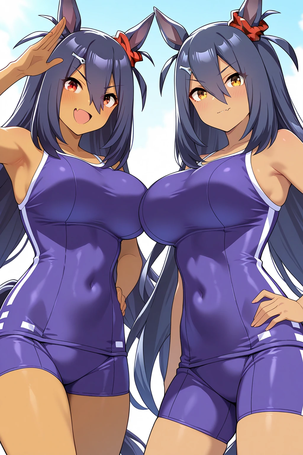 (masterpiece, best quality), best resolution, (2heads:1.5), 1girl, senjougahara hitagi character with two heads, two heads, long hair, blue eyes, purple hair, (medium breast:1.2), (muscular:1.4)