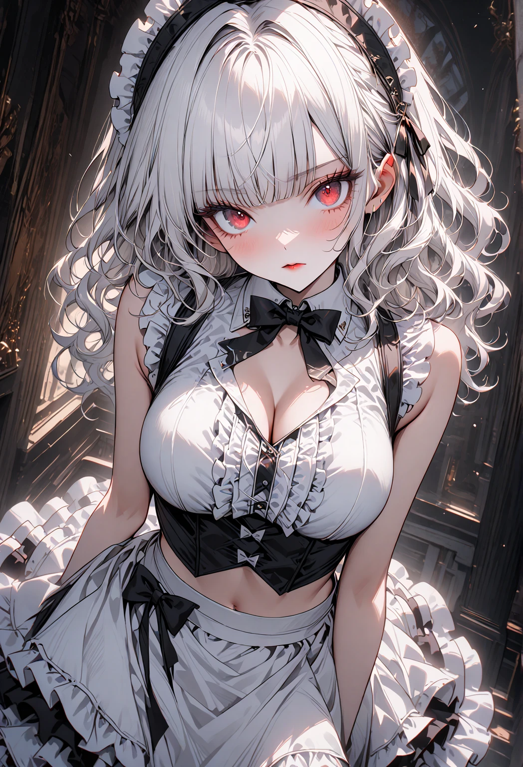 ((highest quality)),(ultra high resolution),(Super detailed),(detailed description),((best CG)),(best work of art),super precision art, great drawing art,(Art with precise details:1.5), (1 young girl:1.5), beautiful and well-shaped face:1.5,(Beautiful skin with precise and detailed depiction:1.6),(Frilly gothic dress ),gorgeous, masterpiece, best quality, high-resolution, finely detailed, extremely detailed and beautiful, distinct-image, 1 girl, 16 year old teenager, solo, soft facial features, symmetrical shaped face. plump cherry red lips, lightly tanned white skin. red and white-colored eyes, F-cup breasts, short height(150cm), plump short stack body type, waist length pink-white hair, small narrow waist, curvy wide hips, elegant gothic courtyard setting
