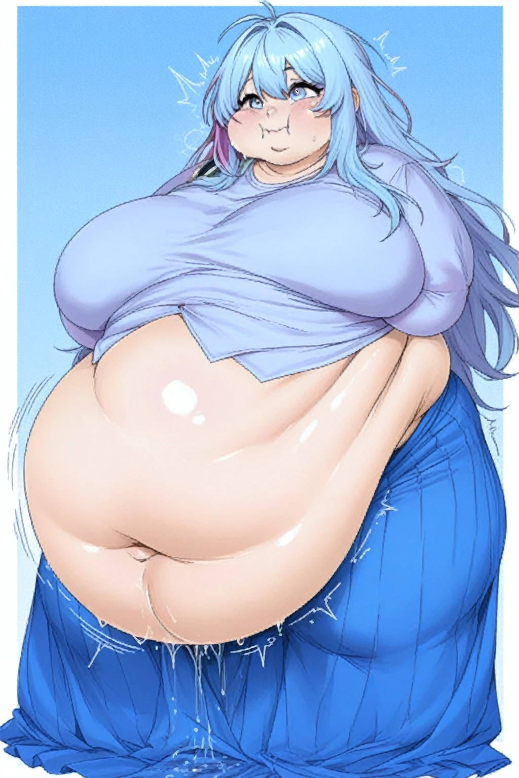 (masterpiece, best quality, highly detailed), 1girls, big belly, huge belly, art by kipteitei, round belly, chubby, curvy, belly grab, enormous belly, fat belly, thicc, bigger belly, really big belly, jiggly belly, shirt covering belly, belly cover by shirt, glasses, no shirt, bra, thight shorts, ((full body)), long hair