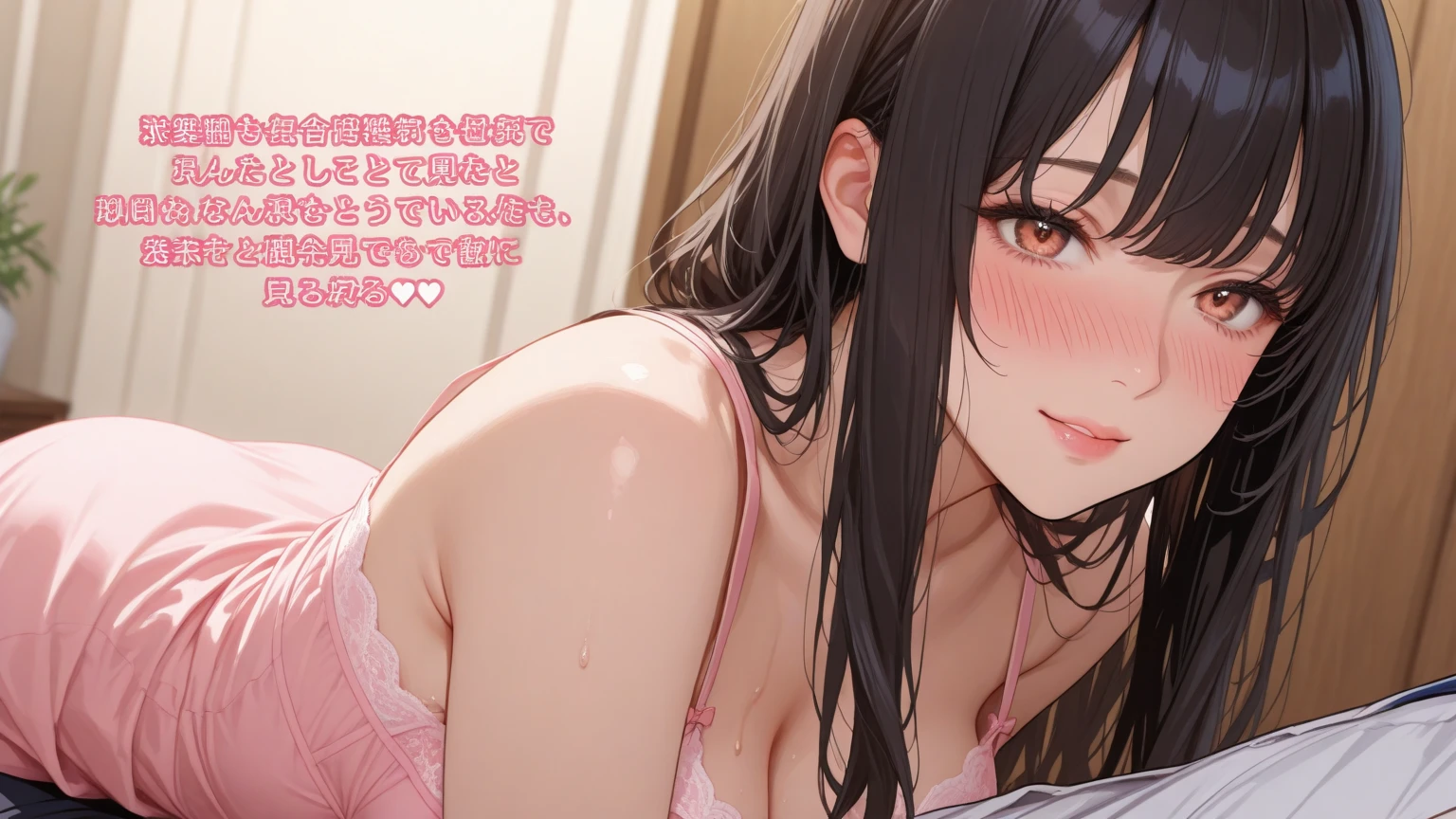 (super flat, flat shading, flat color:1.1)、(magazine cover)、An illustration、(One Asian boyish girl)、(cute:1.2)、Very beautiful 14 year old girl manga、cheeks are red、(high detail skin: 1.2)、Photorealistic anime girl rendering、Realistic anime 3D style、cuteボブカット、beautiful brown hair、intense black eyes、strong eye highlights、(be familiar with、Medium chest)、perfect anatomy、hair is dirty、(sweaty)、Pale pink underwear、(wet with water)、thighs are open、head tilt、sit on the bed、((from behind、hind leg、heart cutout、hip incision))、volume lighting、soft light、bright、Light from behind、bright色、watercolor painting、shortcut、hair band、frills、