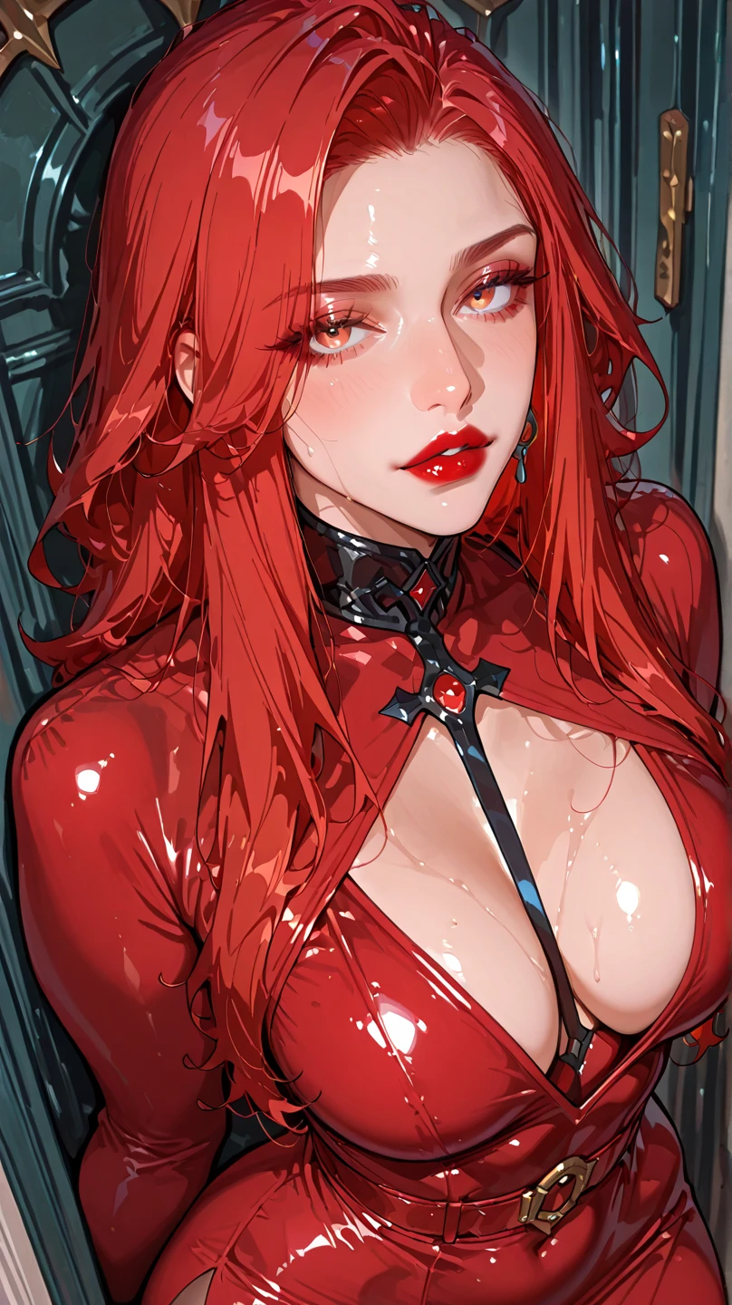 portrait shot, ((blood vivid red hair)), mature woman, 30 years old, diamond face, moonlight, red starry sky background, depth of field, magic, big red lips, ((dark black eyes)) black and red long and full attire, covered chest, mystical atmosphere, ominous shadows, Intense blue aura, Intense red aura (best quality:1.2), absurdres, intricate details, (highly detailed skin:1.2), smile expression, posing, taut and well defined body, attractive. Highly realistic, pale skin, beautiful, hyperrealism, skin very elaborated, direct gaze
