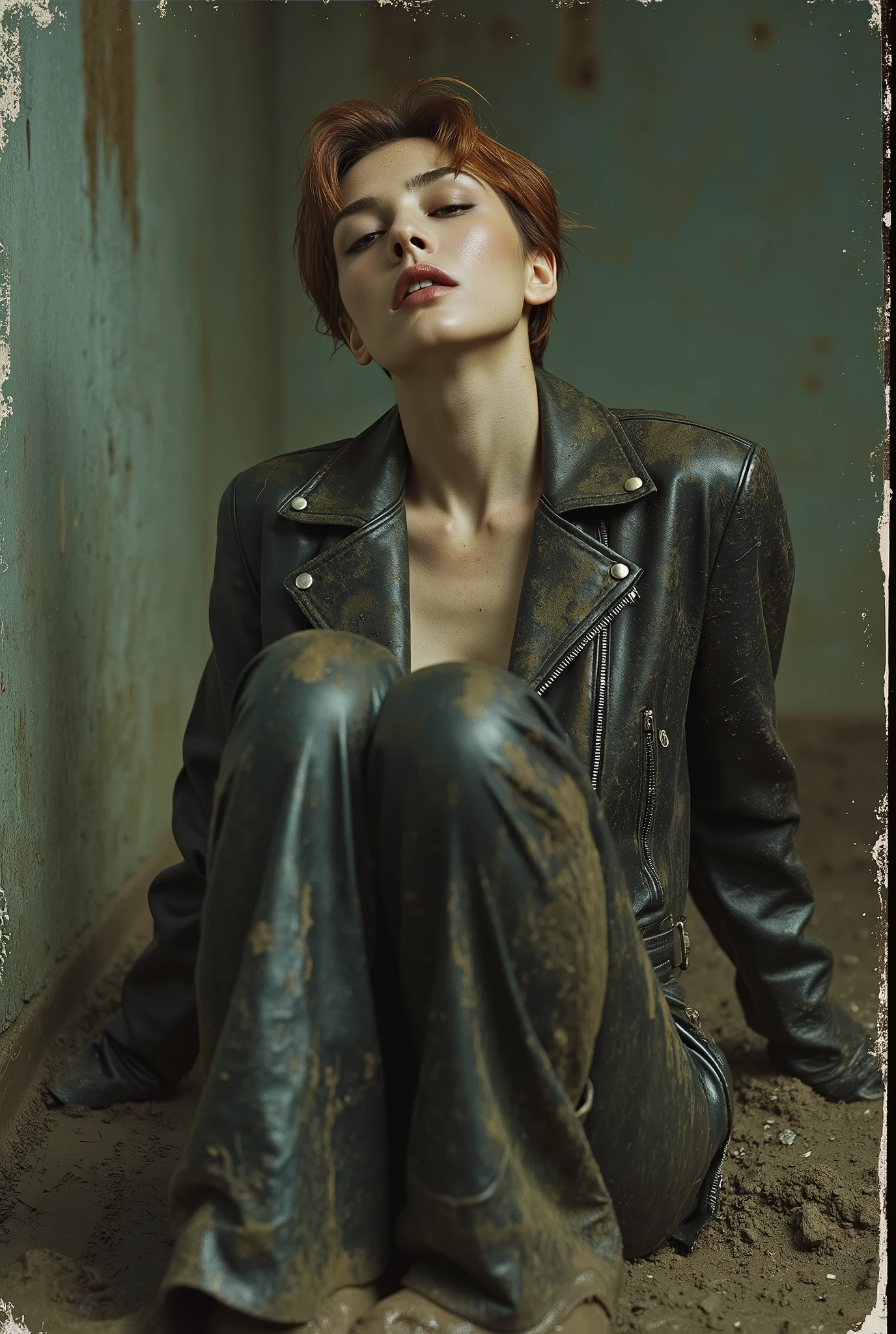 vintage film photo, (1 woman submissive, mid-aged, with bags under eyes and wrinkles, old-fashioned, copper-brunette short haircut, in a faded oiled wet leather biker jacket and faded ugly mud-covered tight flared biker leather pants ,Sitting back on one's heels, drowning deep in mud) , dry-humping pose masturbation, stuck in sludge. gloomy orgasm.
