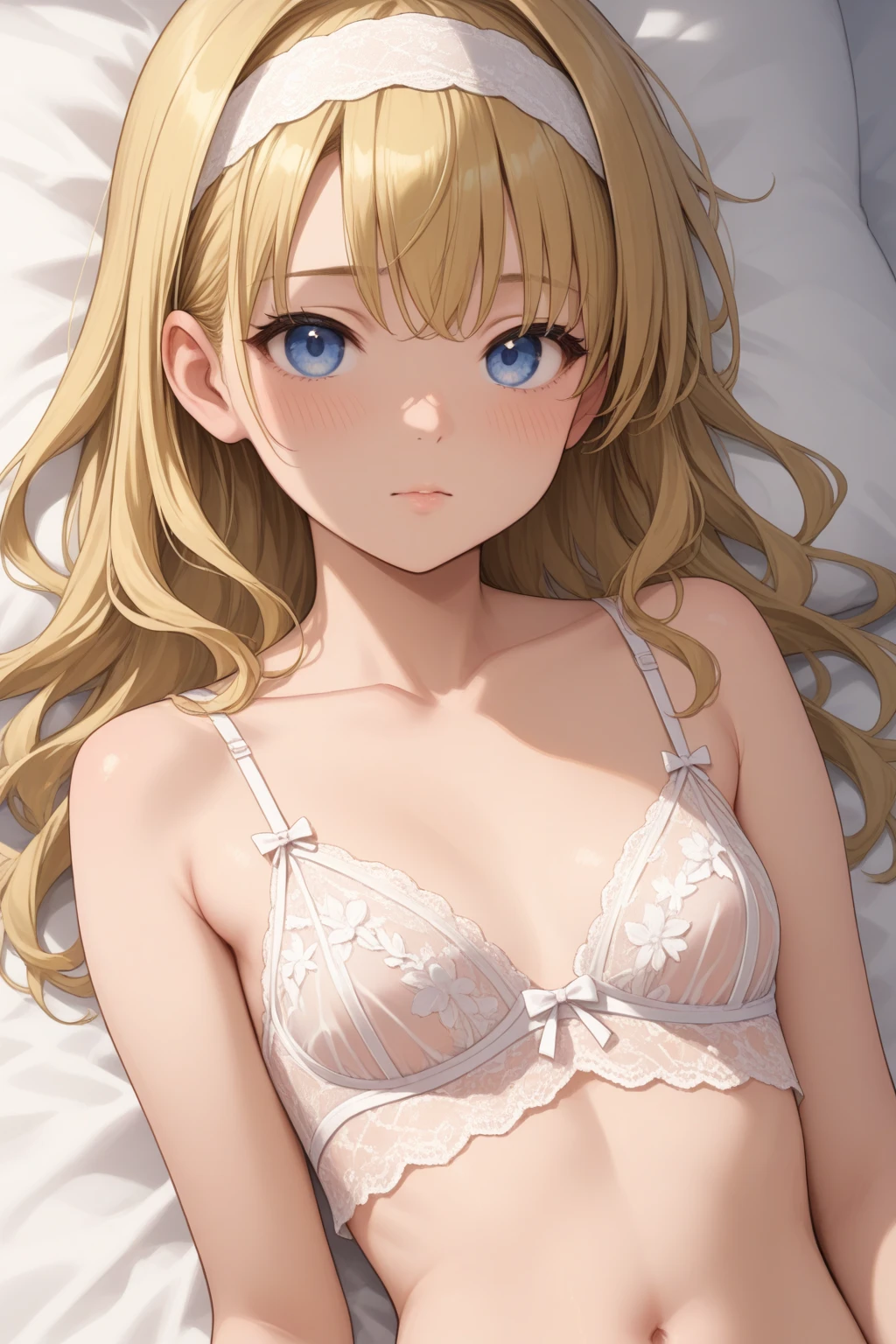 Masterpiece、Anime Coloring、Ultra fine、、Brown Hair、Long Hair、Yellow-green eyes、Open your mouth wide、Lower Angle、cowboy shot、looking at the camera、smile、blush、Watery eye、Parted bangs、((lie on bed))、blue sky、sunny、Small breasts、Pink floral bra、 underwear