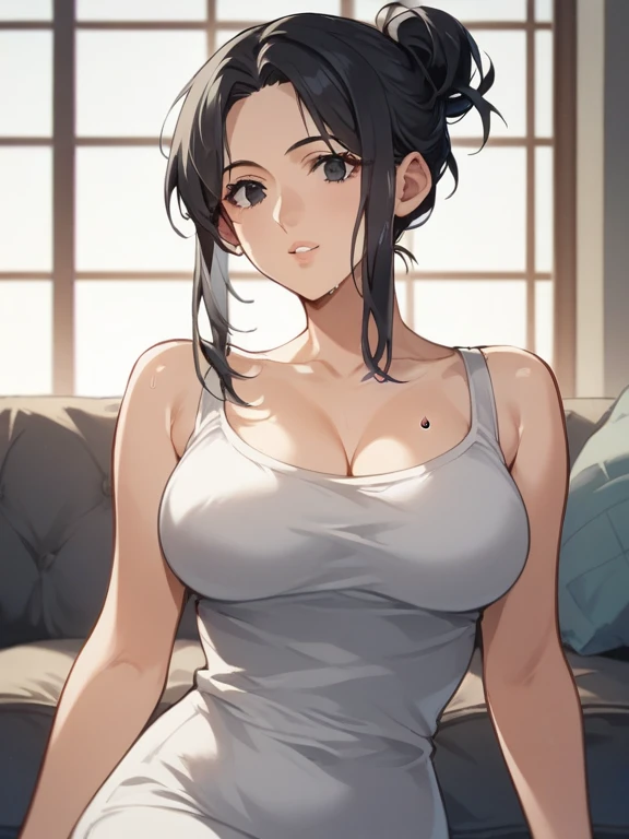 best qualityer, work of art, chestnut hair, yellow eyes,, Embarrassed look, (large breasted:1.2), chest neckline, (White tank top:1.5,thin fabric), Slimed, arms down:1.3, breast squeeze:1.5, trunk, close up of breasts, Bedrooms, (Perfect Anatomia, Perfect detailed body, beautiful detailed eyes, gorgeous detailed skin),