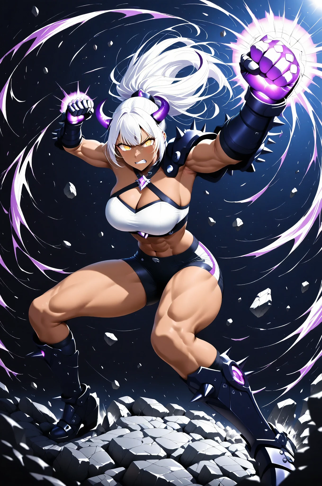 ((1girl)), white hair, emo hair, short hair, slim, slim body, ((dark skin)), long purple sequin dress, ((thick thighs))