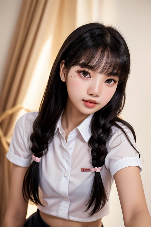 masterpiece, best quality, cinematic, photorealistic, ultra-detailed), (1girl, female Japanese student), (wide shot, from the front:1.4), (wearing a Traditional seifuku with a navy blue skirt and white blouse:1.5), (natural black hair, high ponytail tied with a simple ribbon:1.2), perfect hands, perfect face, (tall height, wide hips, long round legs, sexy legs, round ass), (massive natural soft tits), (hazel eyes, soft and shimmery eyeshadows, detailed pupils, defined eyelashes), (blushing, slightly parted lips, nude pink lips:1.2), (gradient background:1.3), (crouching seductively:1.4)