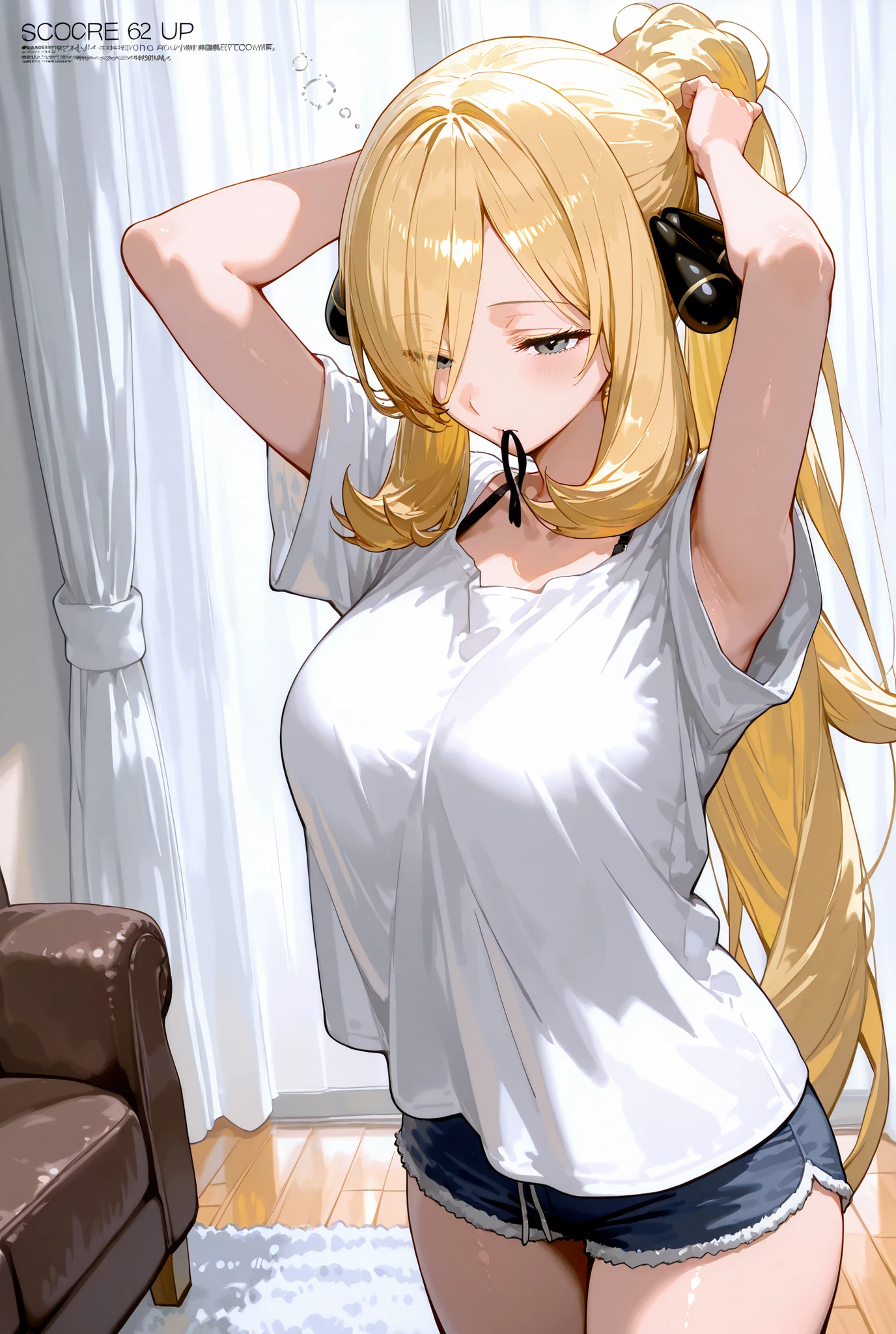 シロナ, Cynthia,

score_9, score_8_up , score_7_up , score_6_up , score_5_up ,
(masterpiece, best quality),ultra detailed,
megami magazine,
BREAK

noon,
living room, white carpet, large carpet,
wood floor, brown sofa, white wall, 

BREAK

pokemoncynthia, blonde hair, hair over one eye, long hair, (gray eyes), hair ornament,
no text,

1 lady, nsfw, ((solo)),((from front)),
(((sleepy))),

completely nude,
medium-large breasts,
white shirt, shirt overhang,
black bra strap, ((curtain shirt)),short sleeves,

light blue short shorts,

((tying hair)), ponytail, hands on head,

