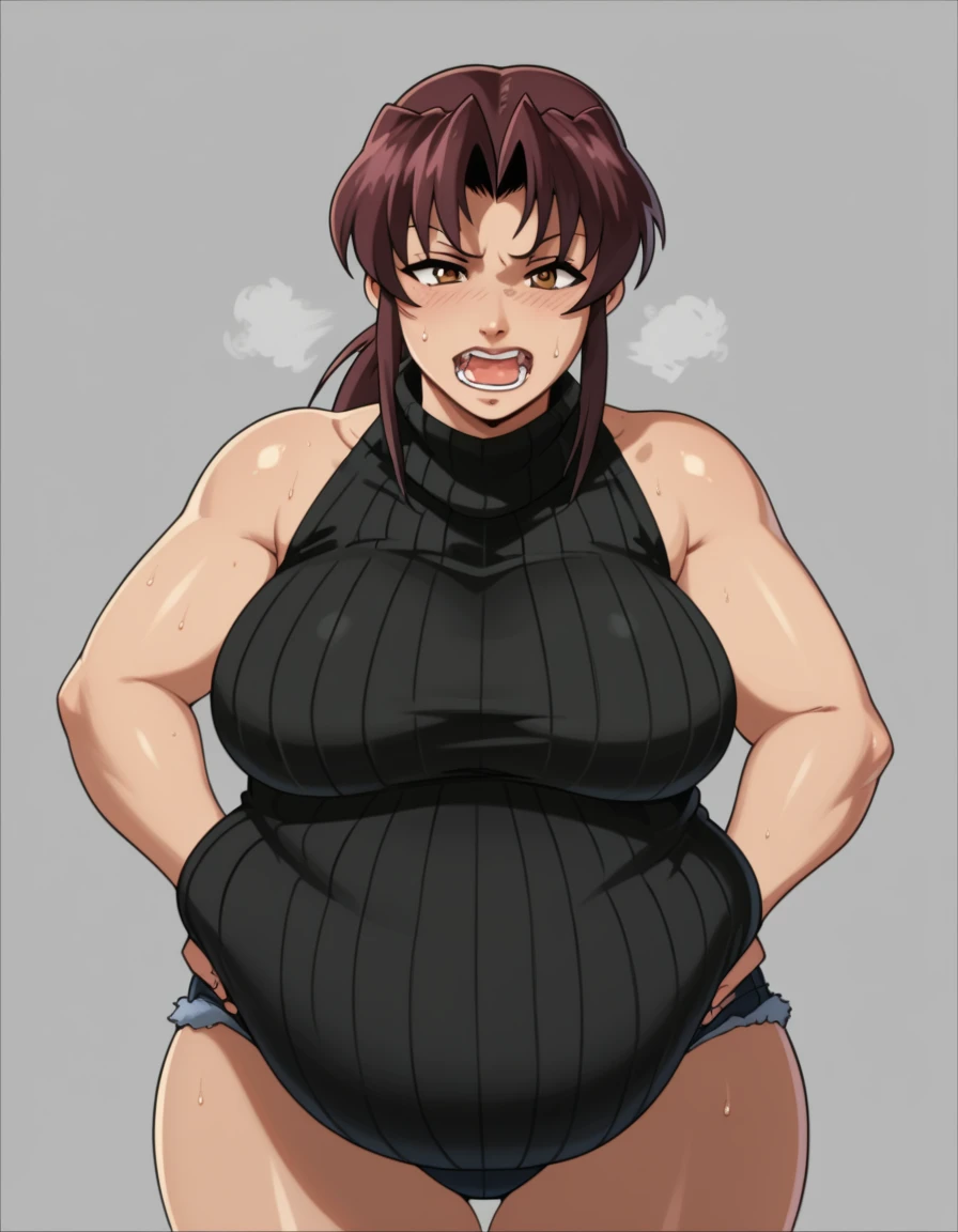 (masterpiece、highest quality:1.2)、solo、anime woman、revue、grin and laugh、looking at the viewer、Are standing、long brown hair、brown eyes、ponytail、V-shaped eyebrow hair、white  bra、collarbone、fingerless gloveini string 、belt、holster、strong muscles pregnant 、big enormous massive gigantic breasts、woman with very large enormous massive gigantic big large fat absurde breasts、cleavage、muscular and strong pregnant 、Tattoo on the right shoulder、tall woman pregnant 、toned body、muscular pregnant woman 、Sidewalks in the city、sunset、chubby 