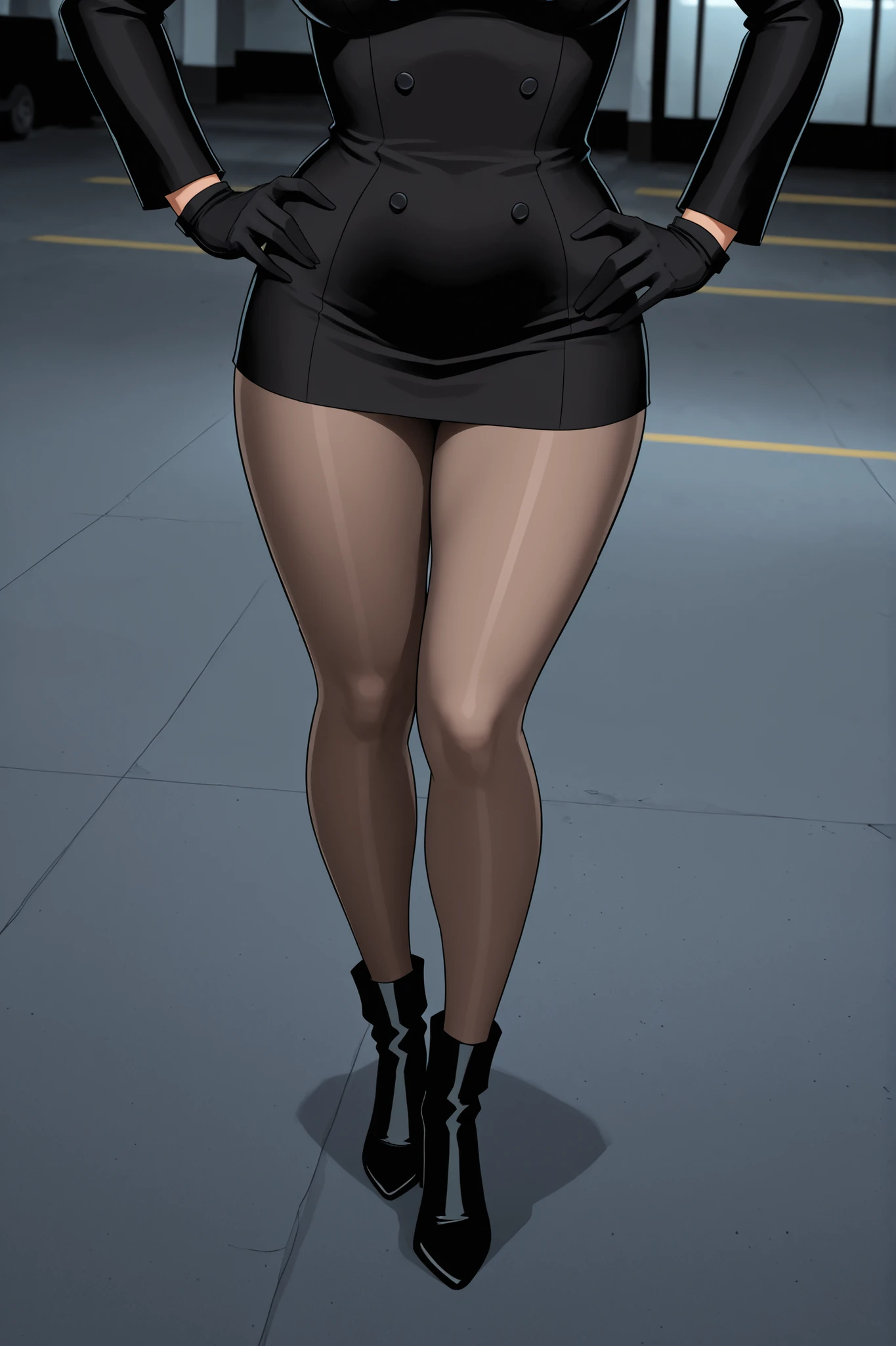 masterpiece, best quality, very aesthetic, absurdres, realistic, DCAUstyle, solo, from above, lower body, athletic, foot focus, MercyGraves, .mercy_character, legs, beige pantyhose, black ankle boots, high heels, standing, legs together, long sleeves, short black gloves, black uniform, (black buttons), microdress, parking garage, concrete floor, dark, one hand on hip