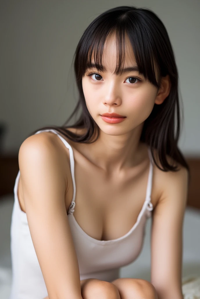 (Highest quality、high resolution、masterpiece、High definition、8k:1.2)、RAW Photos、Clear photos、21-year-old woman、Japanese、Hair Bun、Delicate hair、Realistic skin texture、Raise the hand、Underarm、Wearing a white bikini、Cleavage、A faint smile、Cute woman、Glowing Skin、Bright lighting